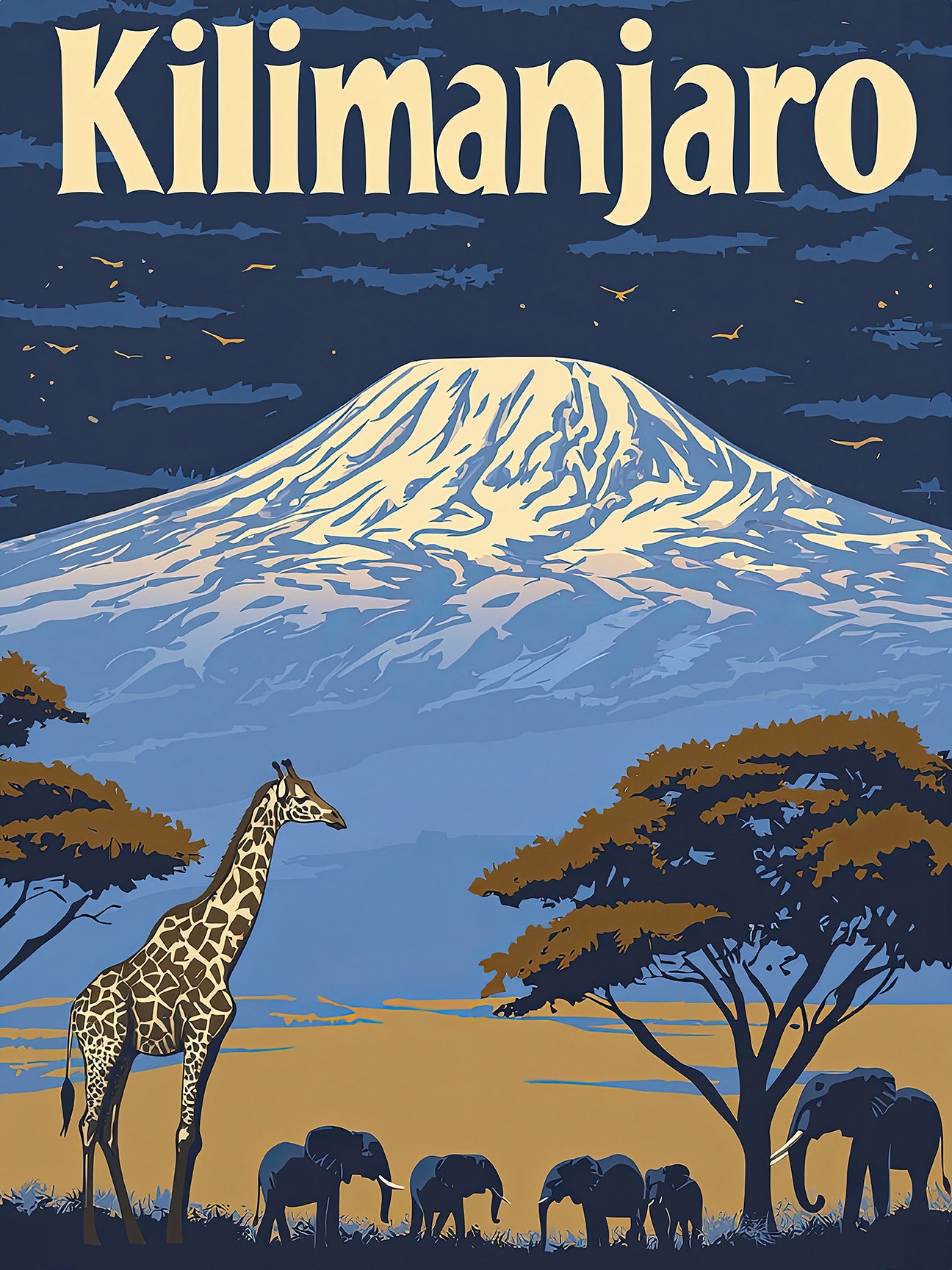 Vintage travel poster featuring Kilimanjaro, giraffe, elephants, and acacia trees in an African landscape.