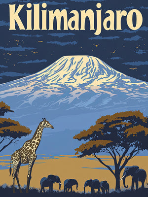 Vintage travel poster featuring Kilimanjaro, giraffe, elephants, and acacia trees in an African landscape.
