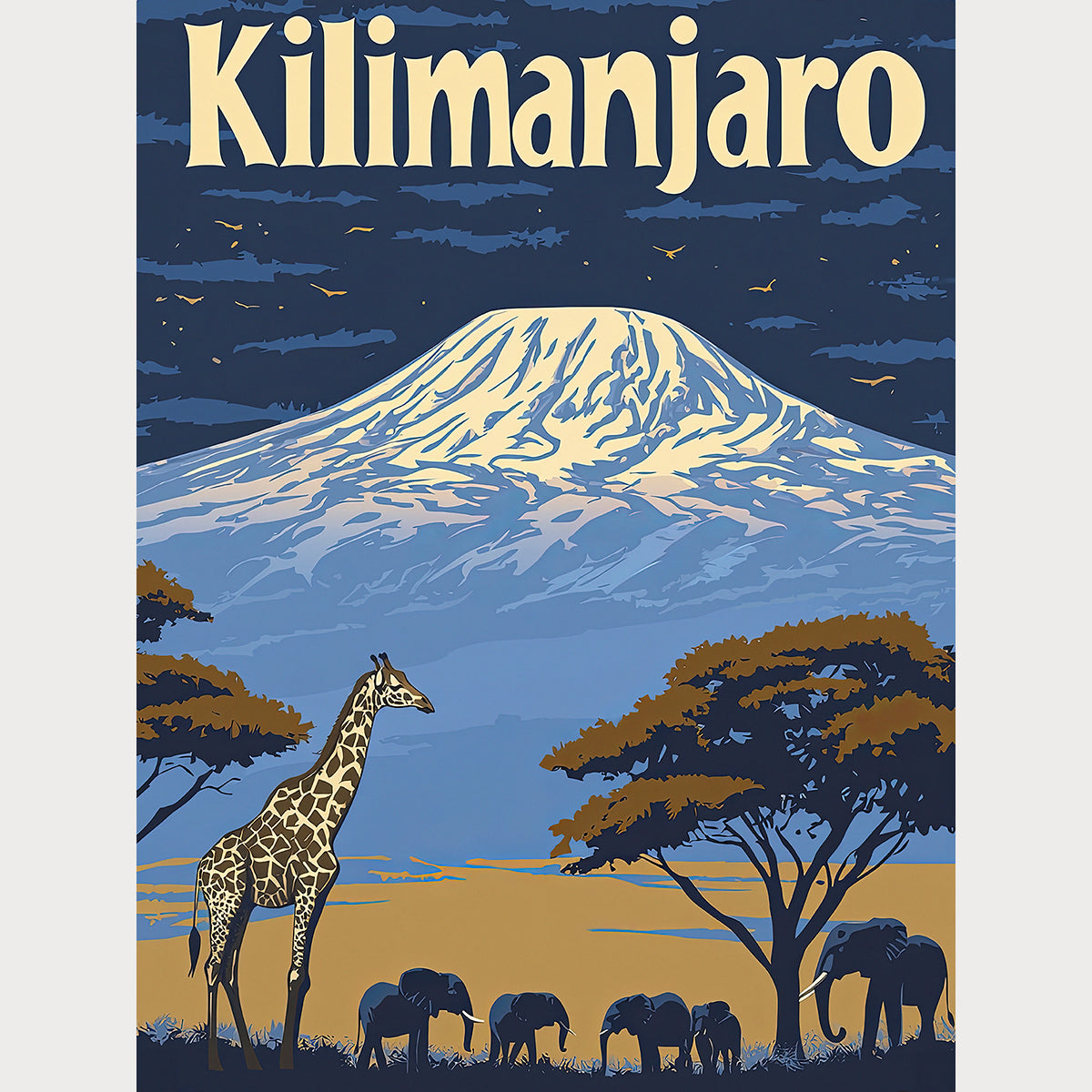 Vintage travel poster of Kilimanjaro with giraffes and elephants beneath acacia trees in an African landscape.