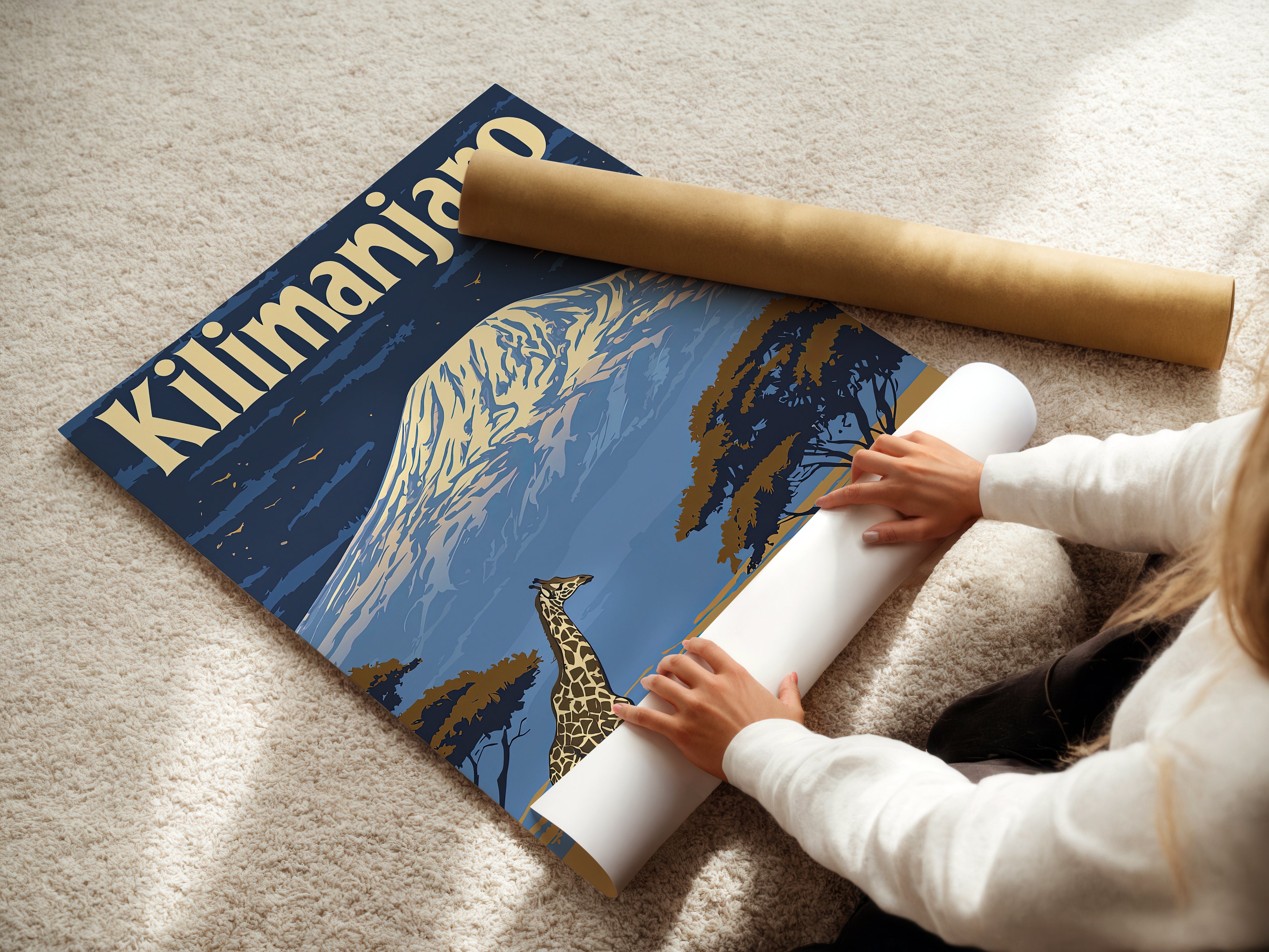 Person unrolling a vintage travel poster of Kilimanjaro with a giraffe, showcasing African landscape wall art.