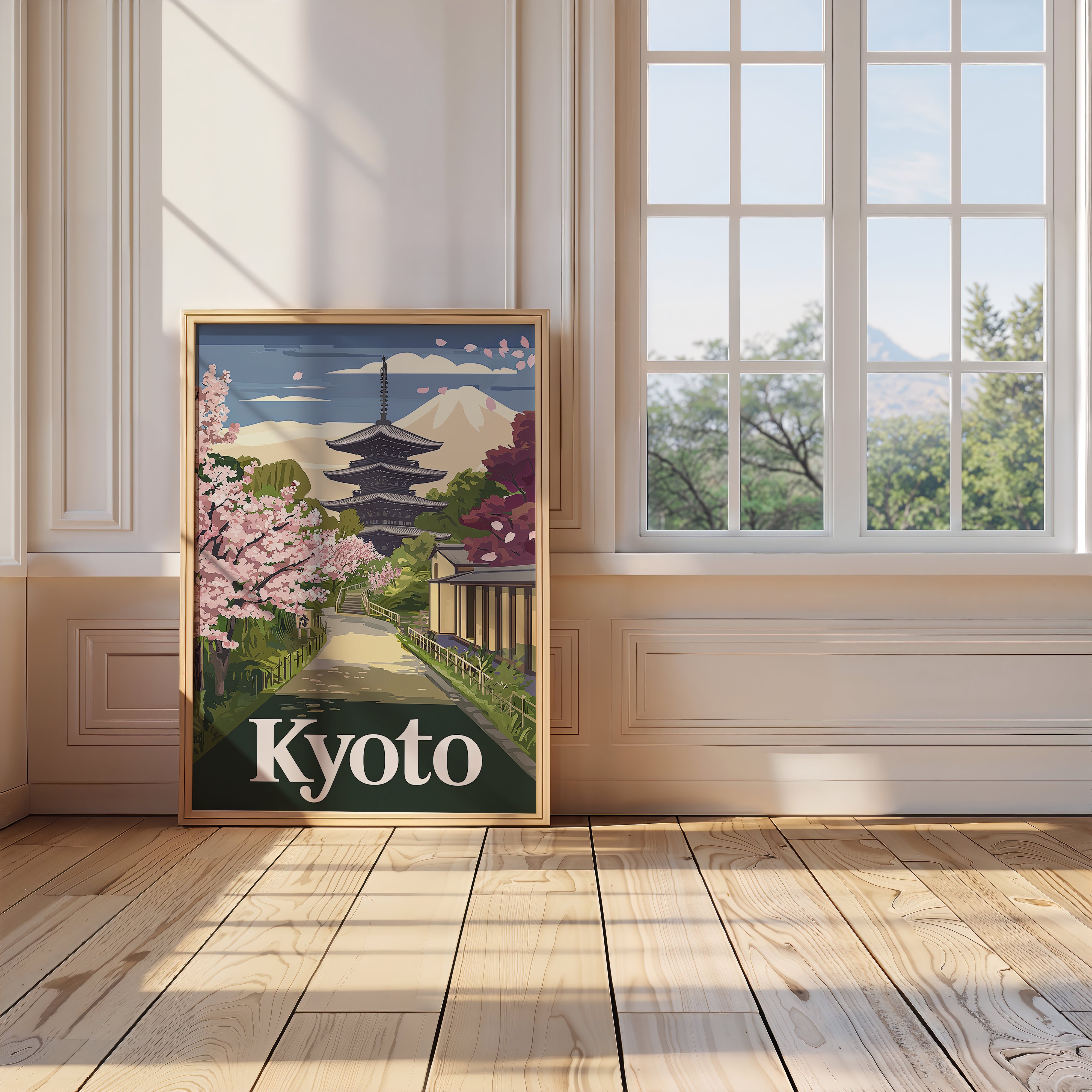 Vintage travel poster of Kyoto with cherry blossoms and a traditional pagoda by the window.