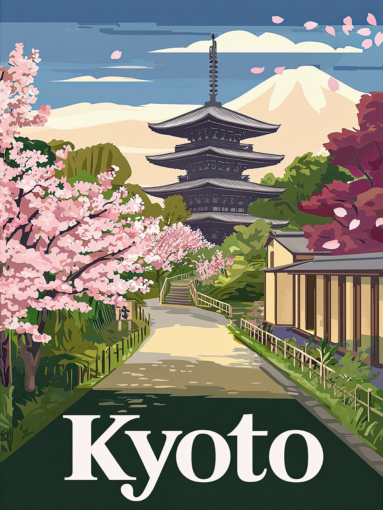 Vintage travel poster of Kyoto featuring cherry blossoms, a five-tiered pagoda, and Mount Fuji in the background.