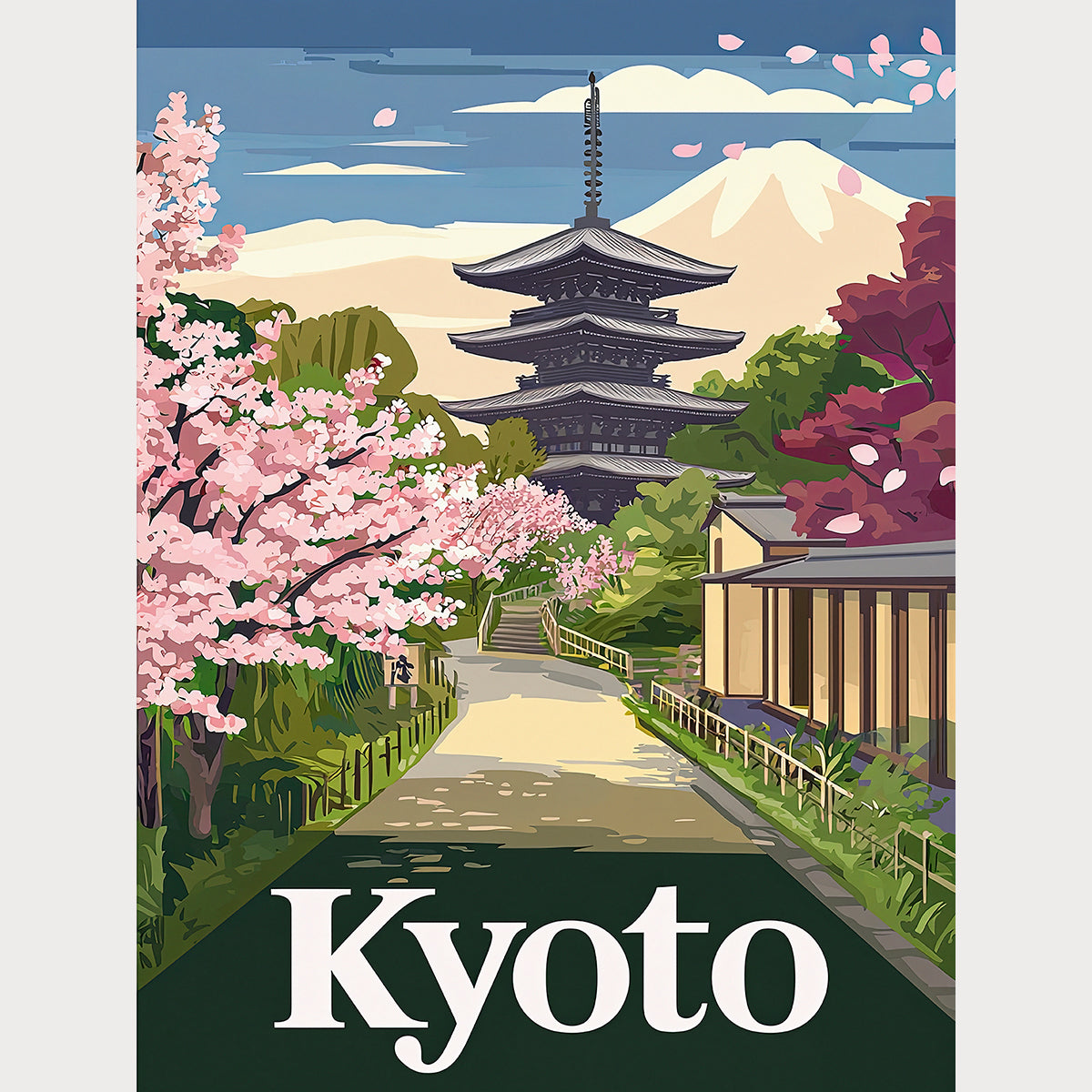 Vintage travel poster of Kyoto, showcasing cherry blossoms, a pagoda, and mountains in the background.