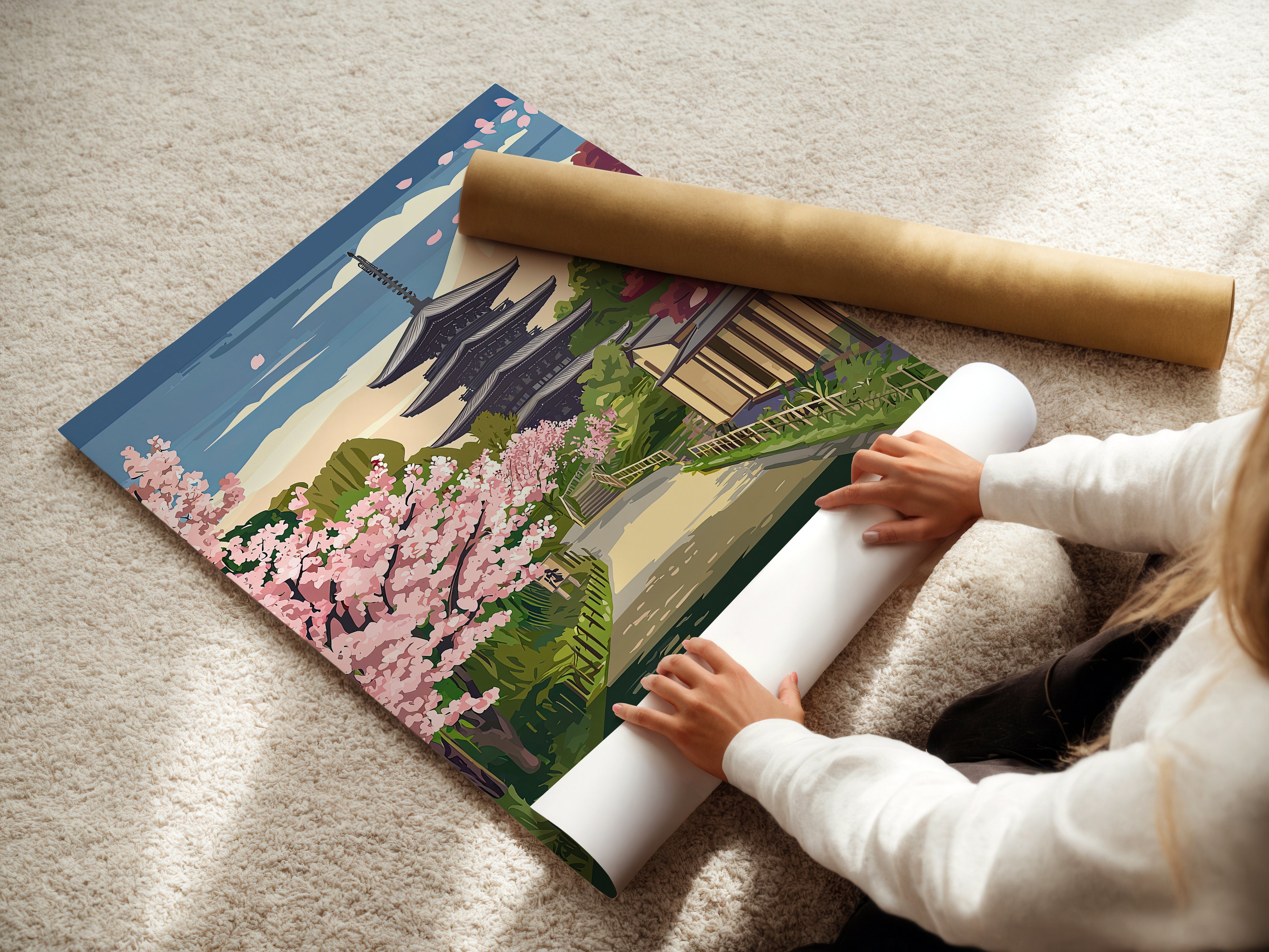 Person unrolling a vintage travel poster of cherry blossoms and temples in Kyoto, Japan.