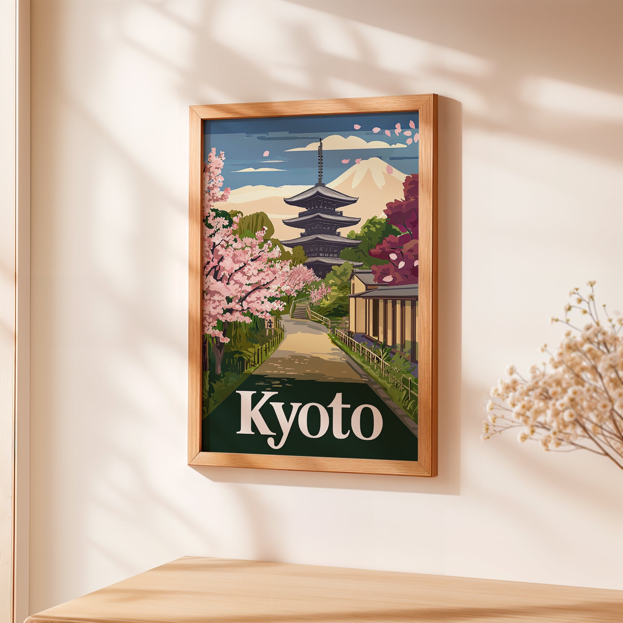 Vintage travel poster of Kyoto showcasing cherry blossoms, temples, and Mount Fuji as wall art.