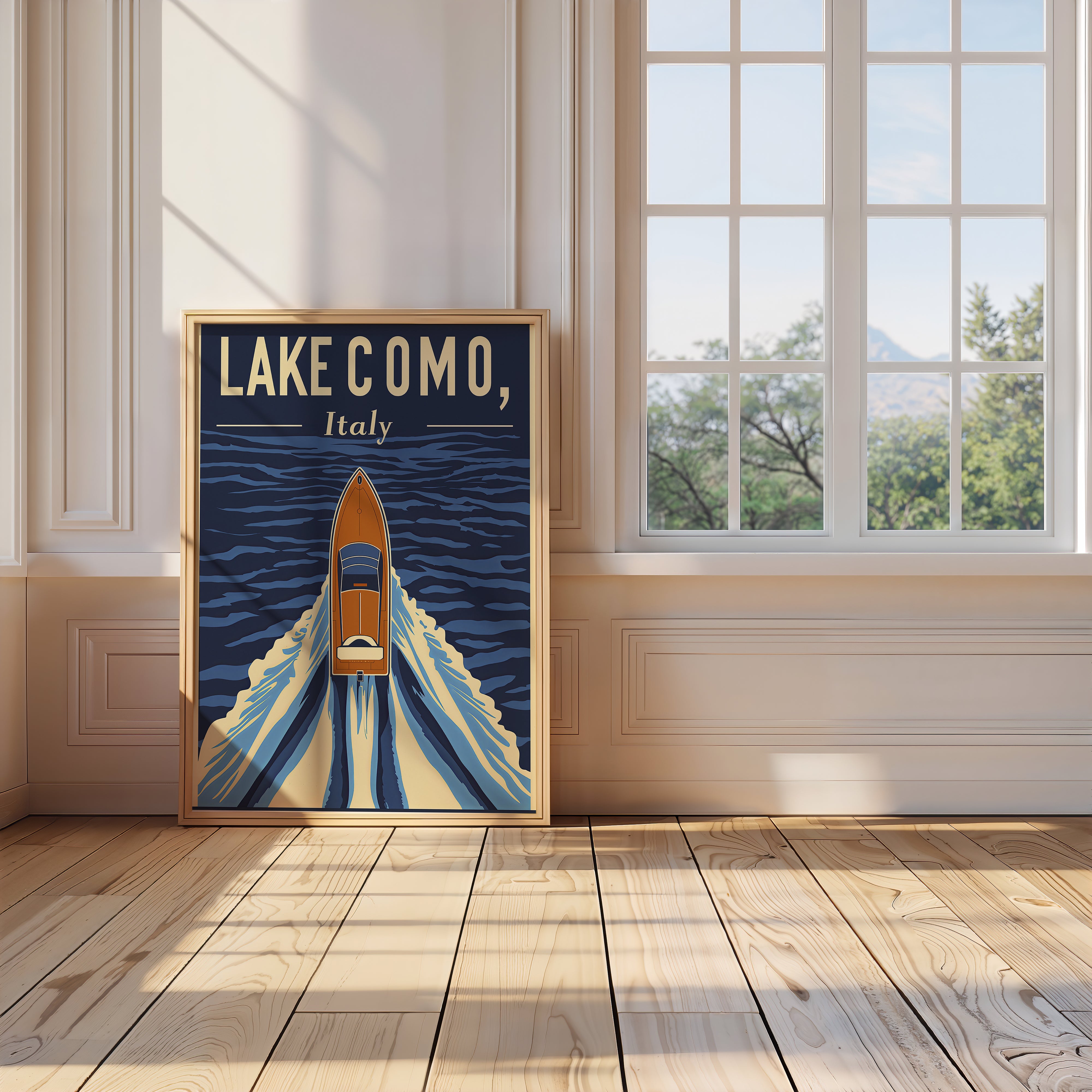 Vintage travel poster of Lake Como, Italy featuring a classic boat on deep blue waters, enhancing wall art decor.