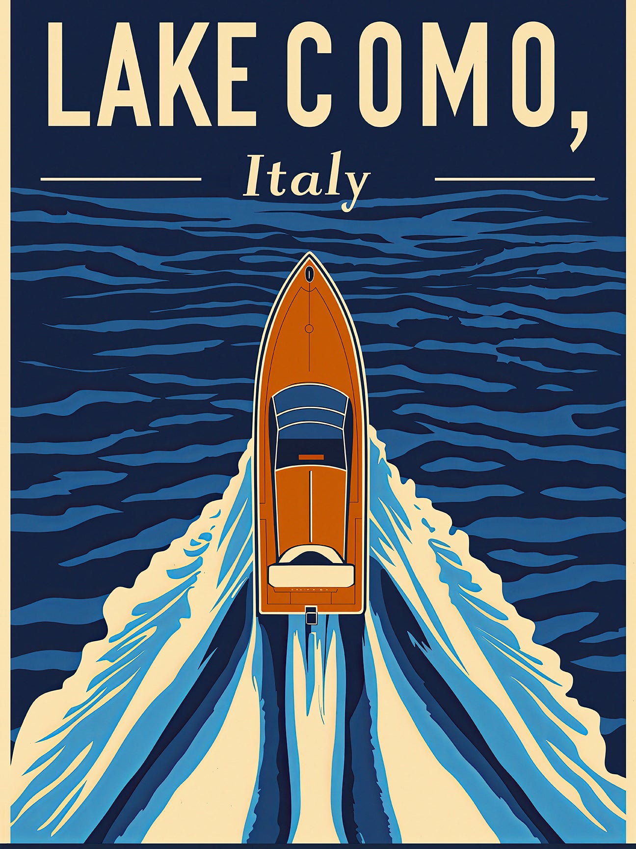 Vintage travel poster of Lake Como, Italy featuring a boat gliding through deep blue waters.