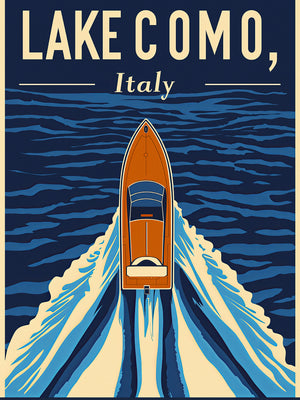 Vintage travel poster of Lake Como, Italy featuring a boat gliding through deep blue waters.