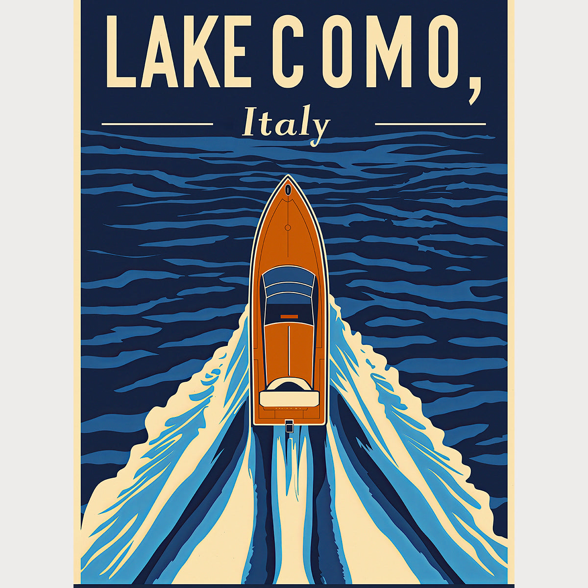 Vintage travel poster of Lake Como, Italy featuring a classic boat gliding through deep blue waters.