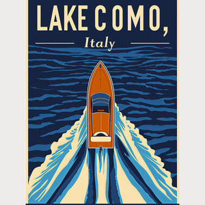 Vintage travel poster of Lake Como, Italy featuring a classic boat gliding through deep blue waters.