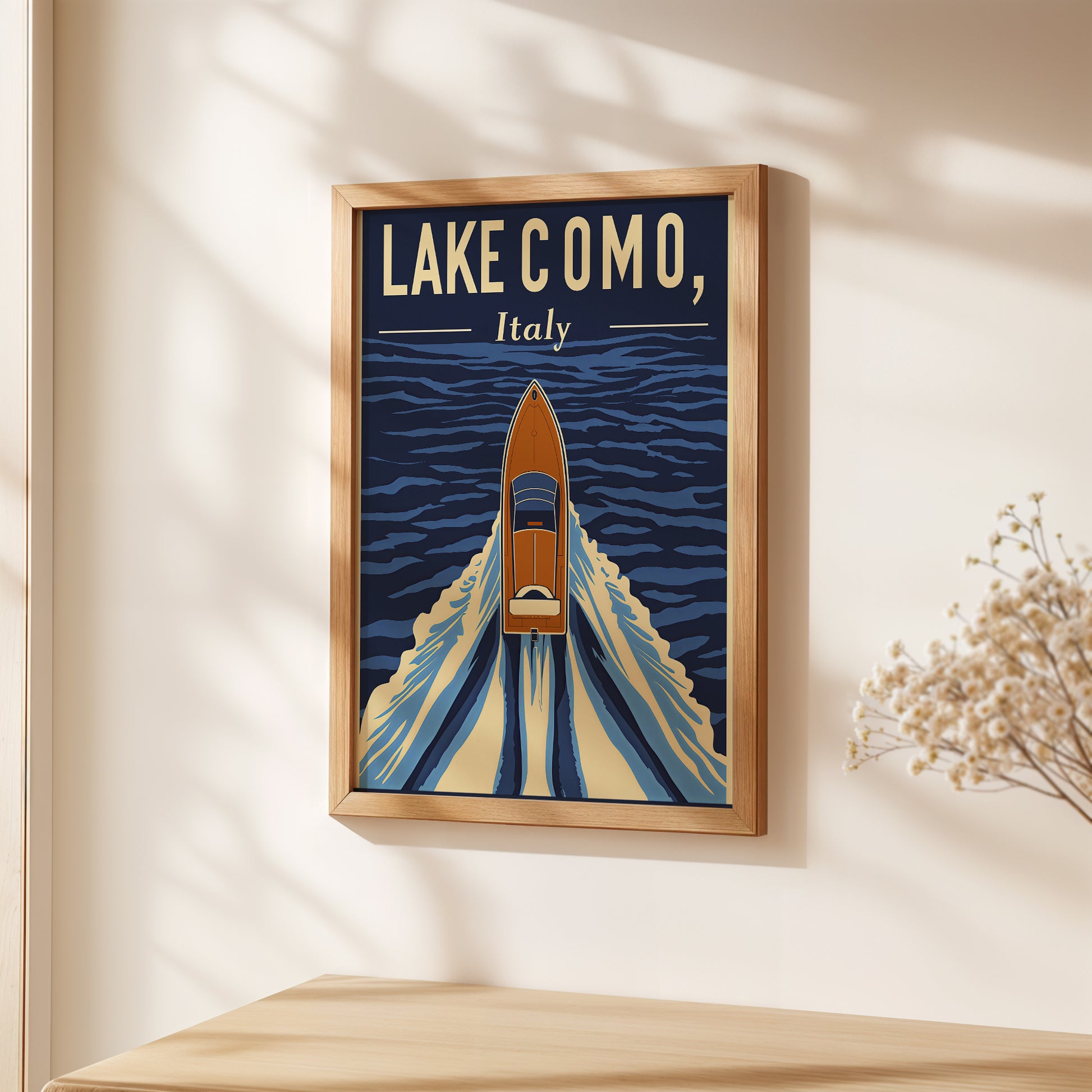 Vintage travel poster of Lake Como, Italy featuring a classic boat on blue waters, perfect for wall art decor.