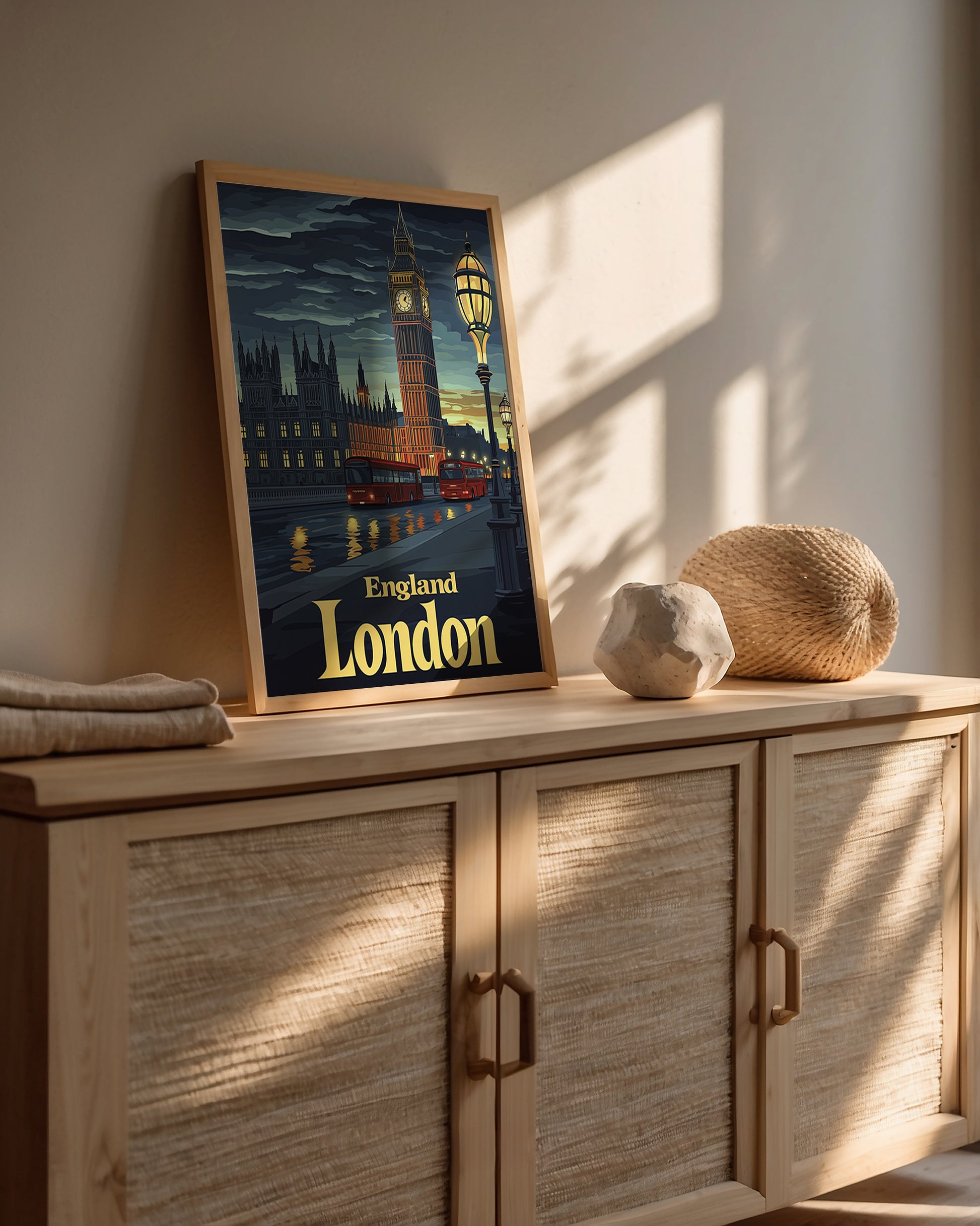 Vintage travel poster of London featuring Big Ben illuminated at twilight, perfect wall art for travel enthusiasts.