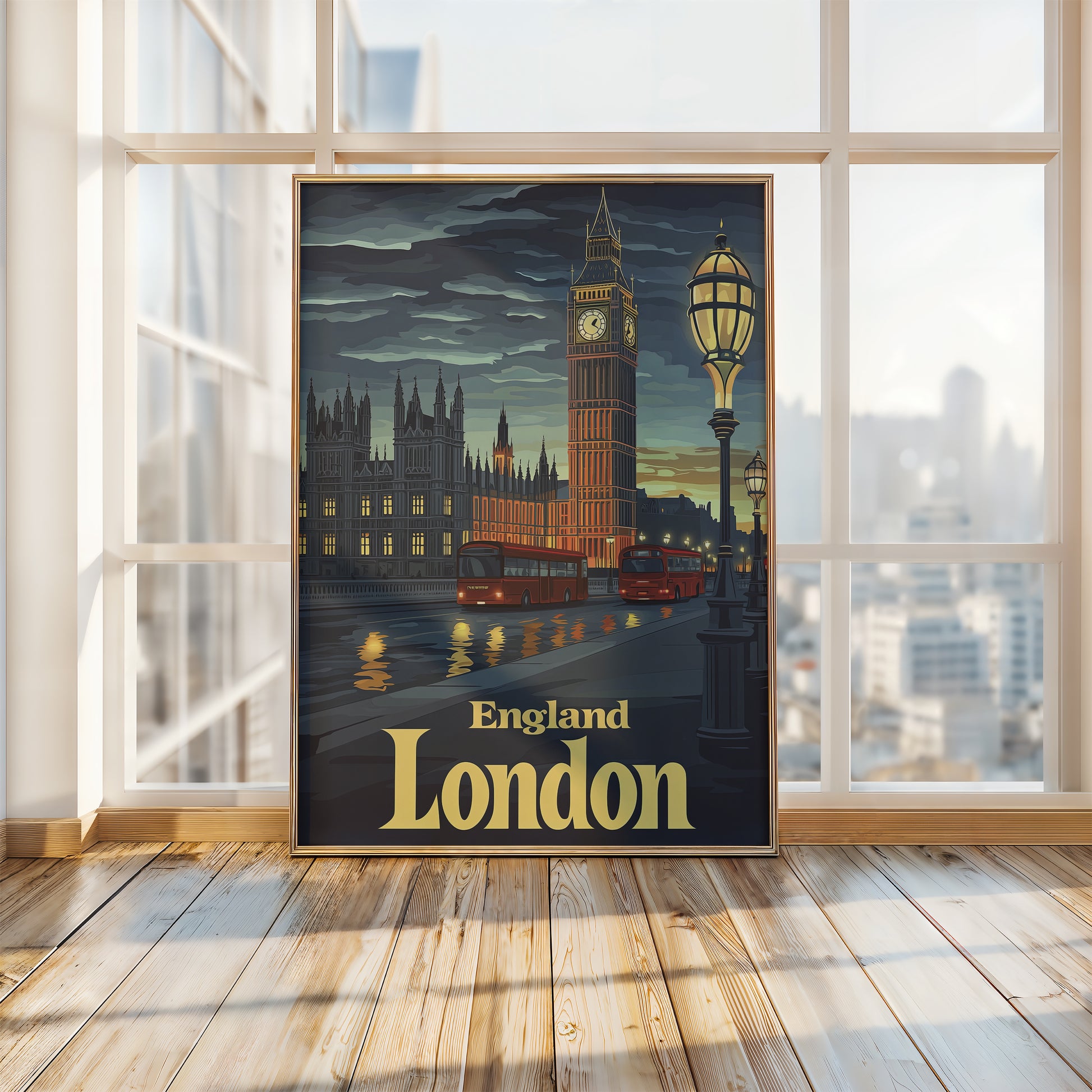 Vintage travel poster of London featuring Big Ben, red buses, and Thames River reflections, ideal wall art.