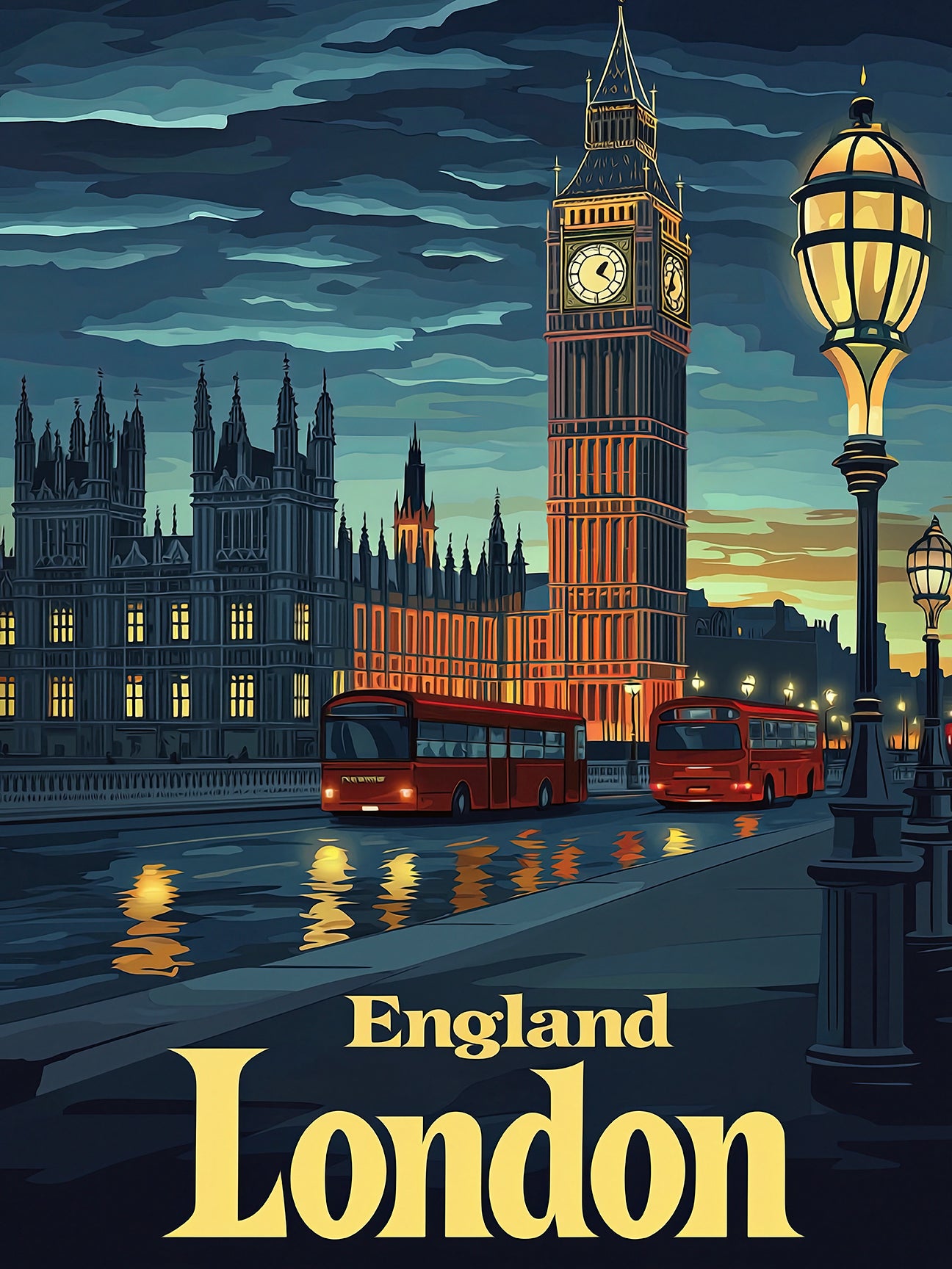 Vintage travel poster of London featuring Big Ben, red buses, and the Thames River at twilight.