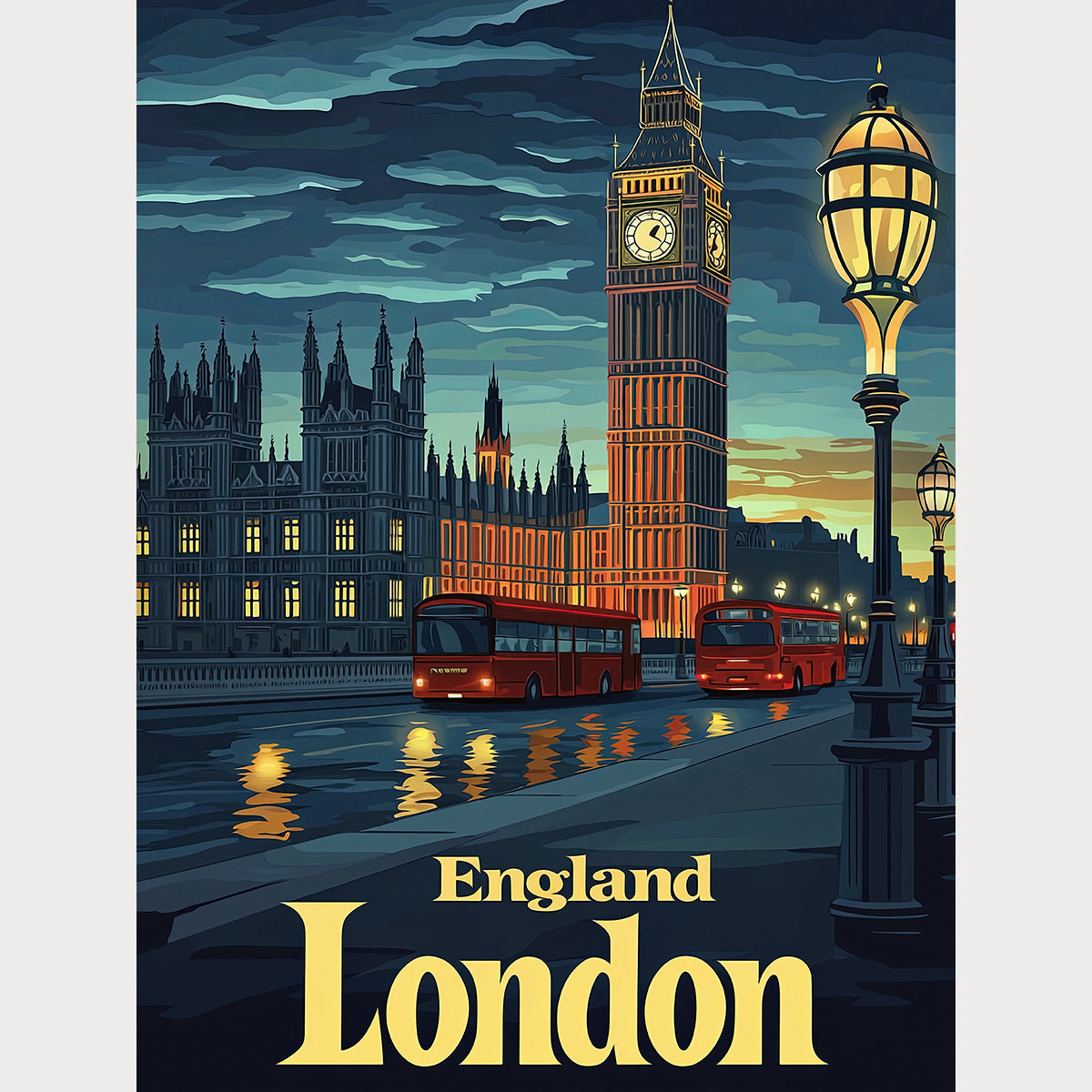 Vintage travel poster featuring Big Ben and London buses by the Thames River in England.