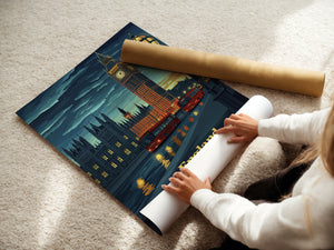 Person unrolling a vintage travel poster of Big Ben and the Thames in London, showcasing vibrant wall art for travel enthusiasts.