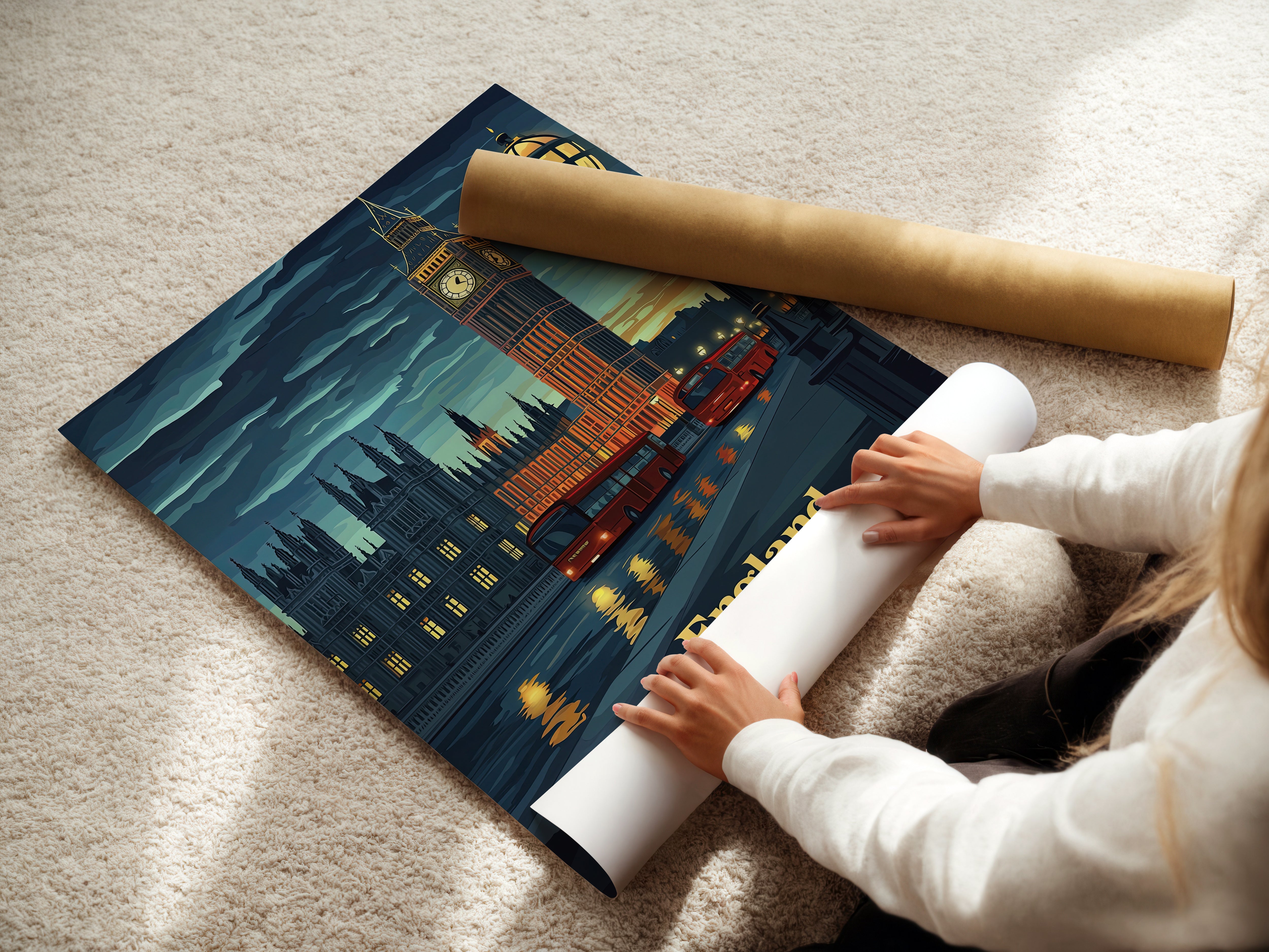 Person unrolling a vintage travel poster of Big Ben and the Thames in London, showcasing vibrant wall art for travel enthusiasts.