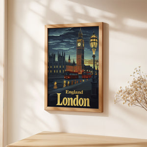 Vintage travel art print of Big Ben and the Thames, showcasing London, England with iconic architecture and red buses.