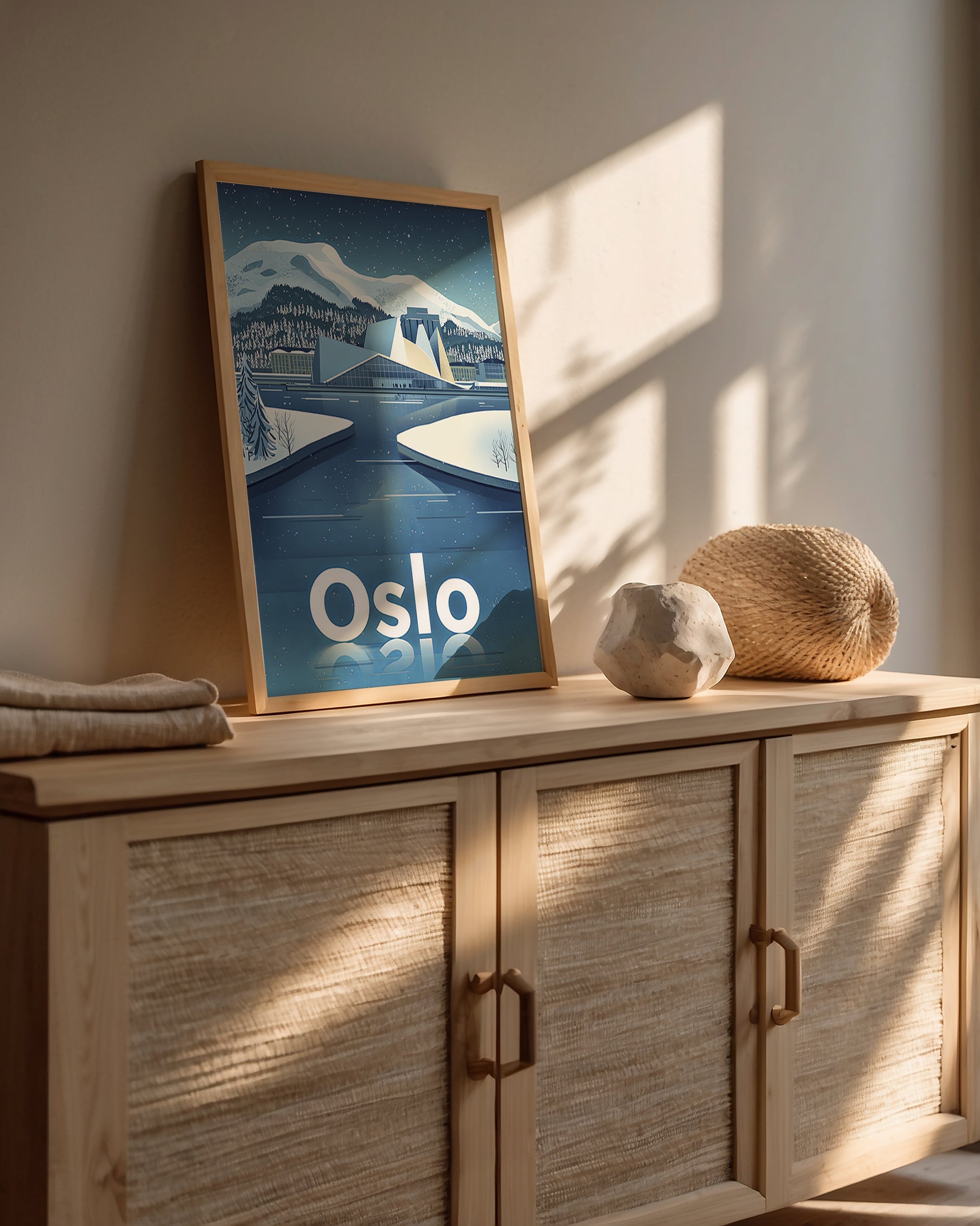 Vintage travel poster of Oslo, Norway, featuring snowy landscapes and modern architecture for winter wall art decor.