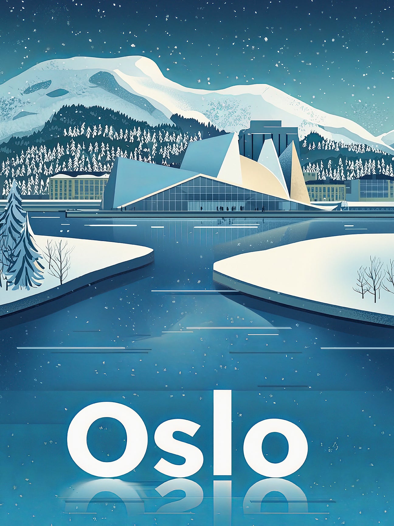 Vintage travel poster featuring Oslo's opera house in winter, showcasing snowy landscapes and serene Nordic scenery.