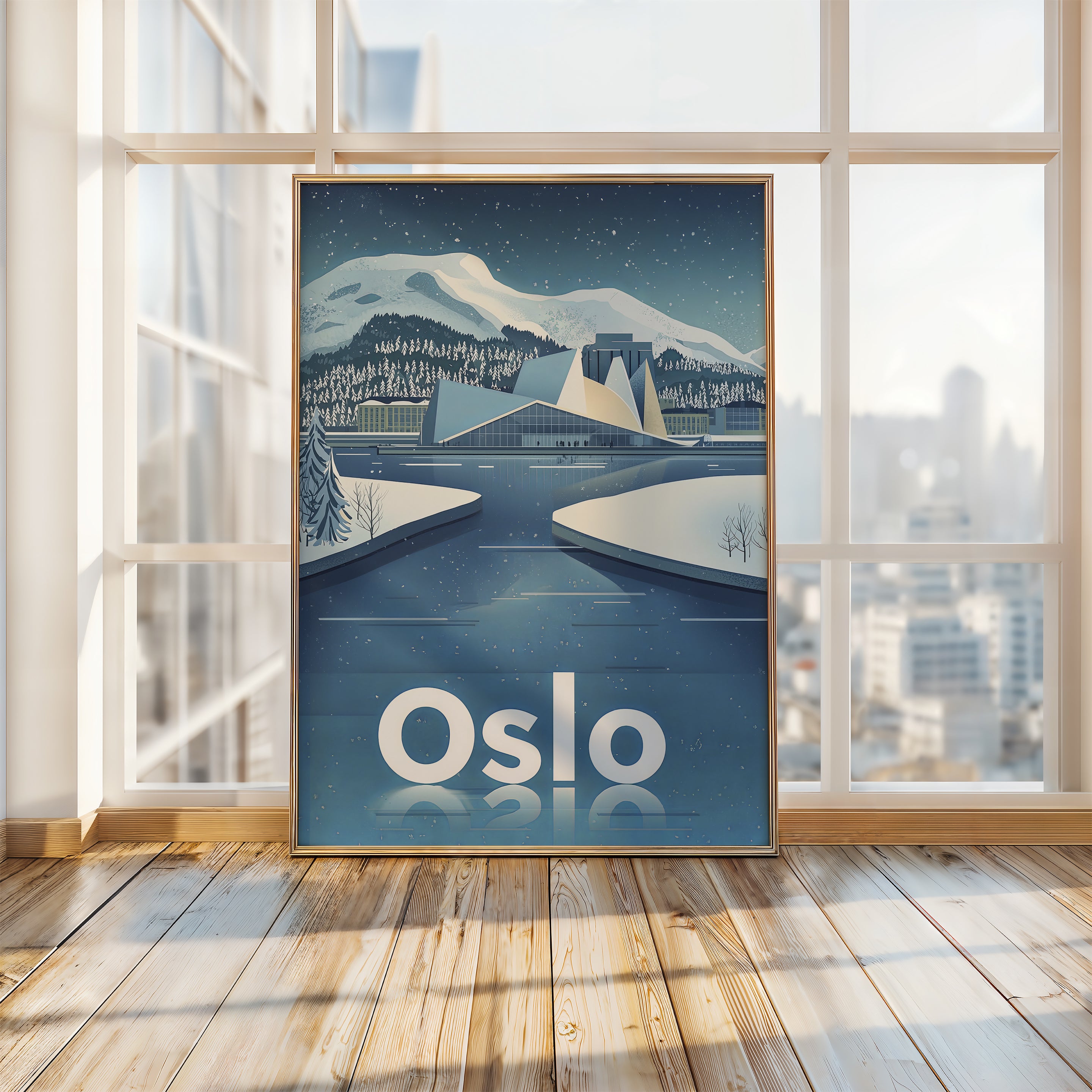 Vintage travel poster of Oslo featuring the opera house in a winter landscape with snow-covered mountains.