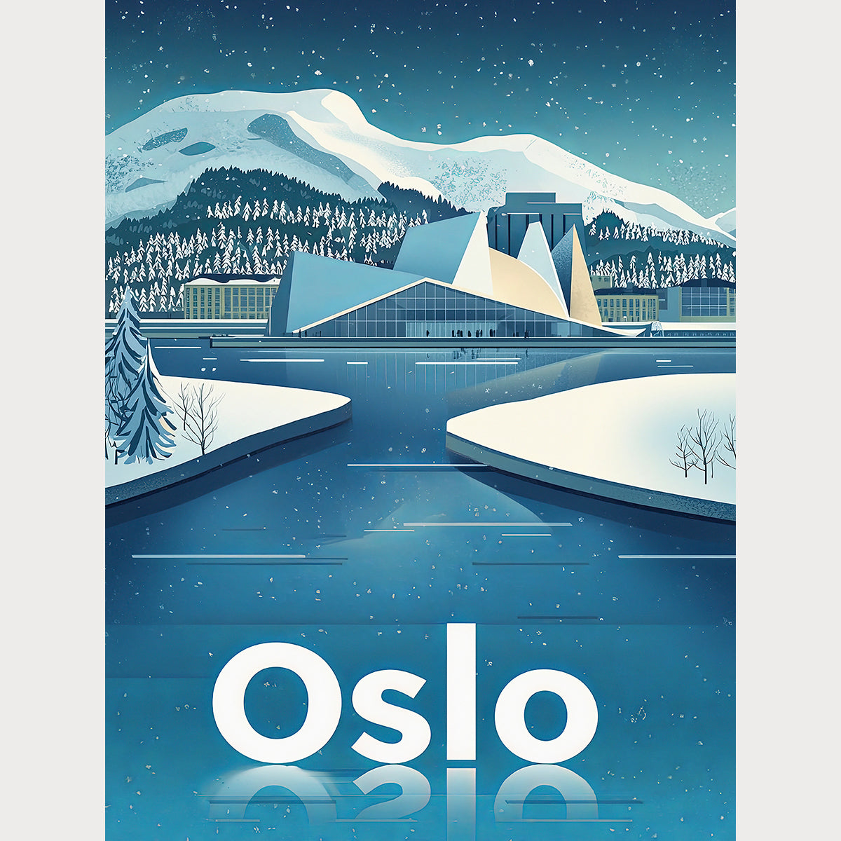 Winter in Norway vintage travel poster featuring Oslo's opera house with snowy mountains and icy waters backdrop.