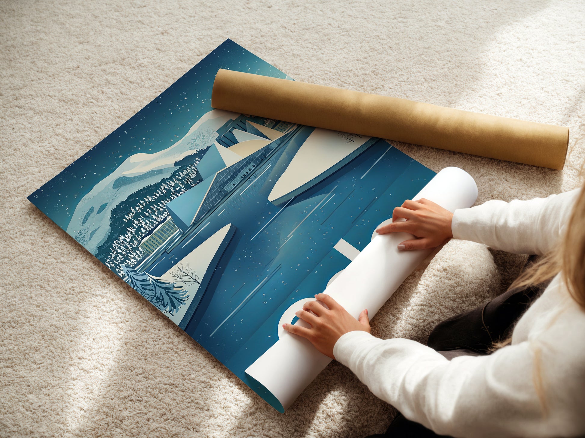 Person unrolling a vintage winter travel poster of Oslo with snowy landscape and architectural design.