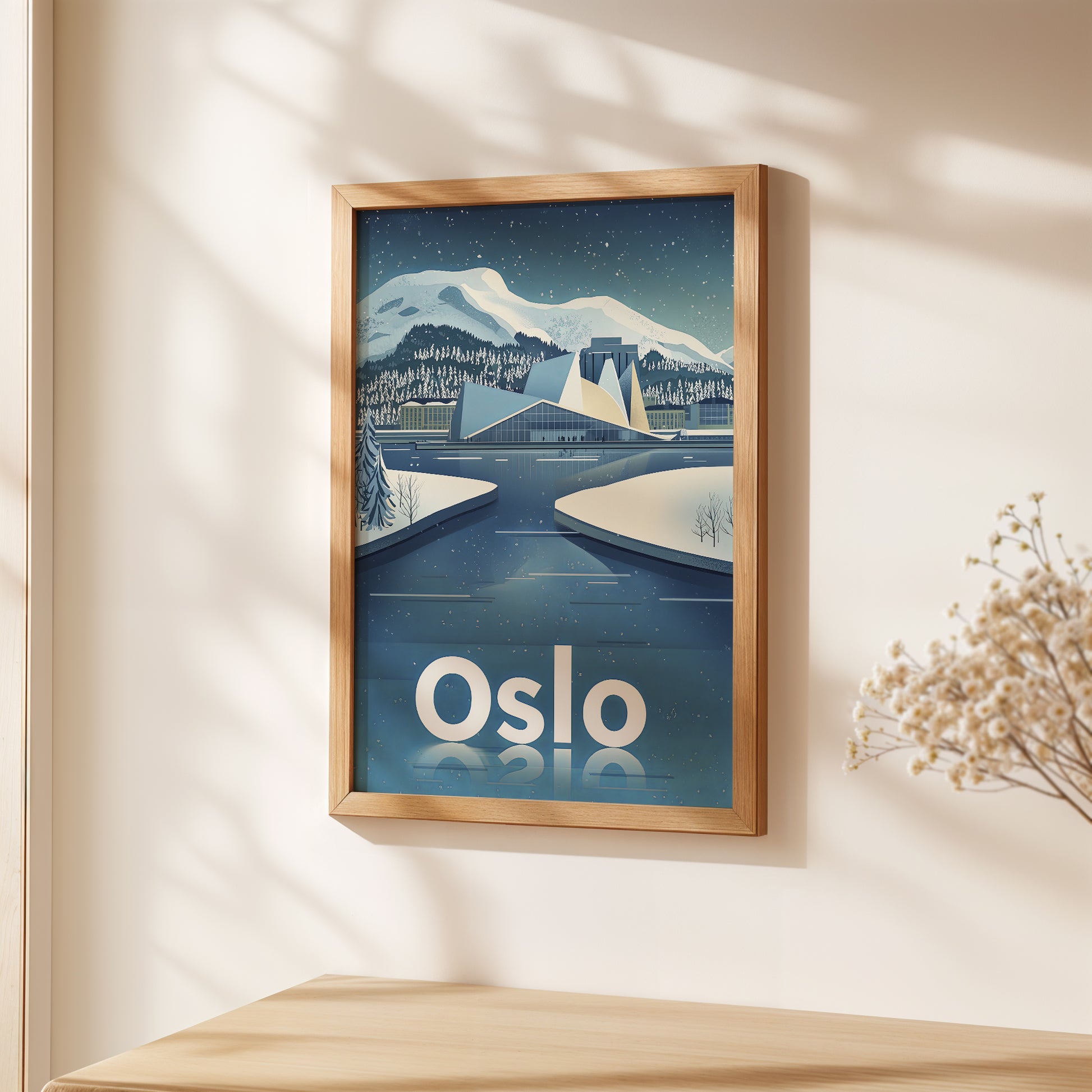 Vintage travel poster of Oslo, Norway featuring the opera house and snowy landscape for winter-themed wall art.