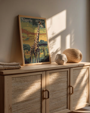 Vintage travel poster of a giraffe in Nigeria, Africa, showcasing a vibrant sunset and savanna scenery.