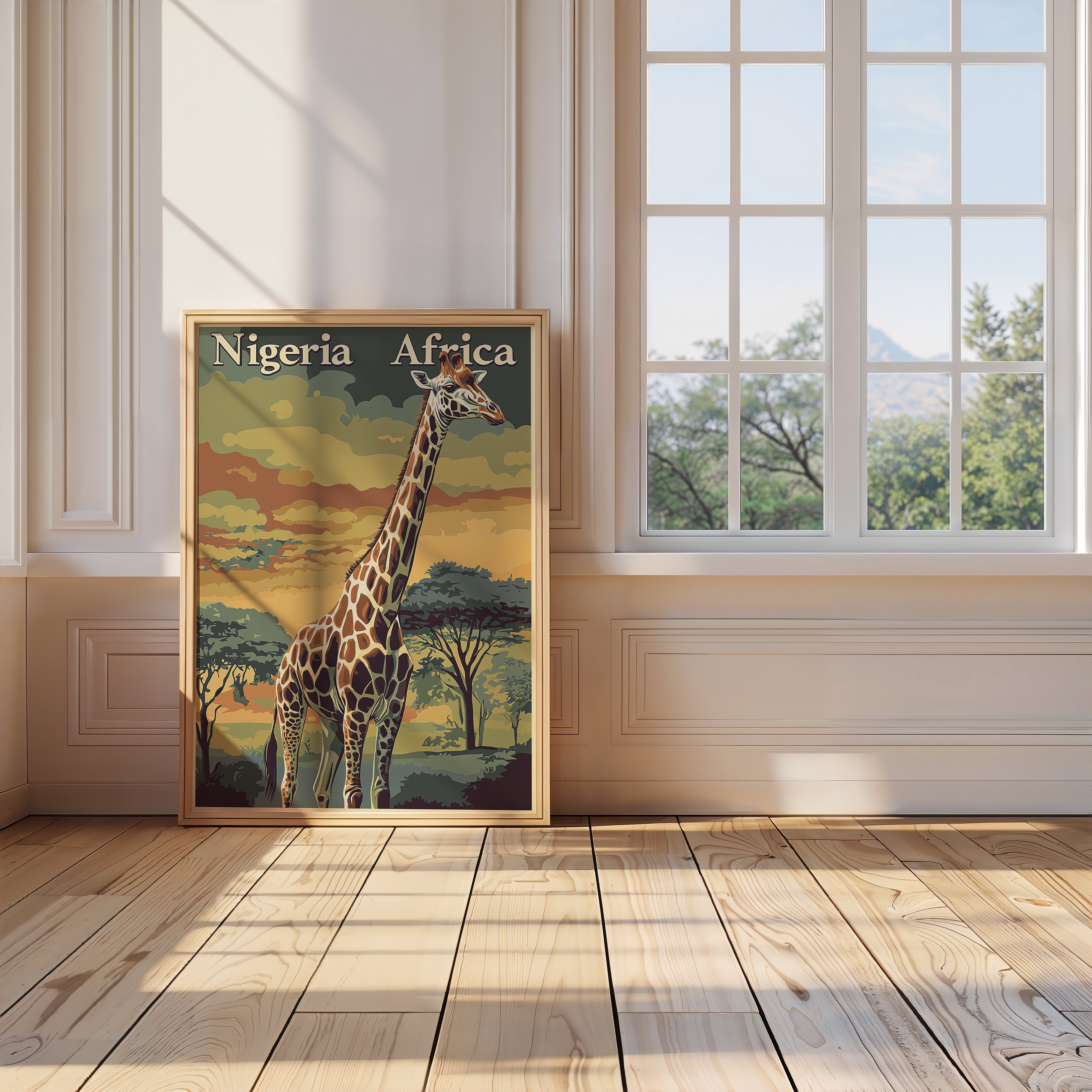 Vintage travel poster featuring a giraffe in Nigeria with sunset backdrop and acacia trees.