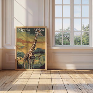 Vintage travel poster featuring a giraffe in Nigeria with sunset backdrop and acacia trees.