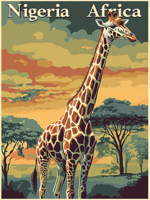 Vintage travel poster featuring a giraffe in Nigeria against a sunset backdrop, capturing Africa's beauty.