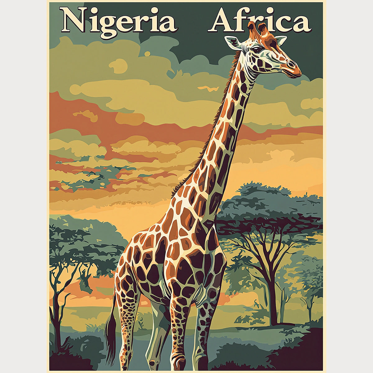 Vintage travel poster of Nigeria featuring a majestic giraffe against an African sunset backdrop.