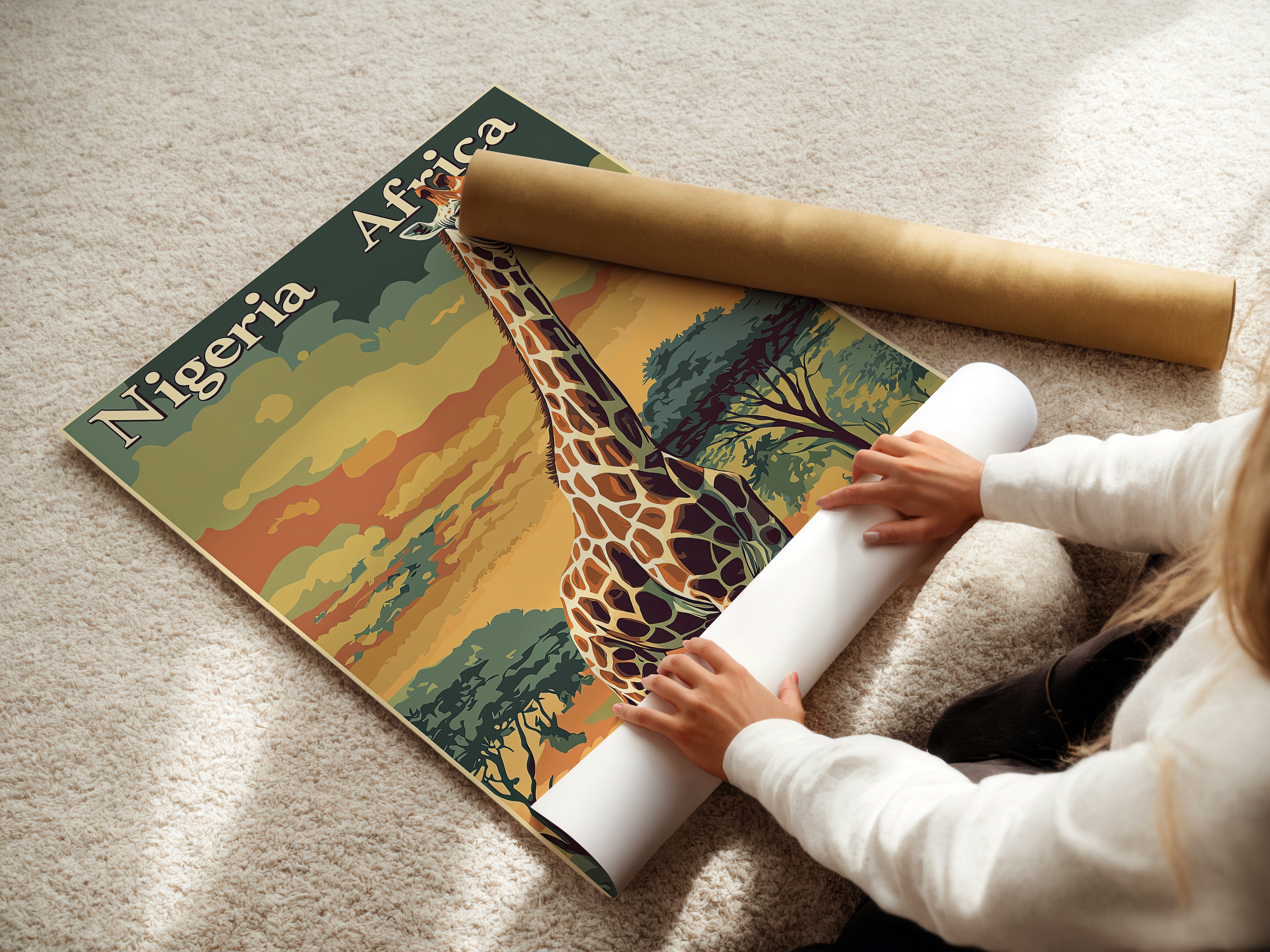 Person unrolling the vintage travel poster 'Sunset Safari: Nigeria' featuring a giraffe and African sunset.