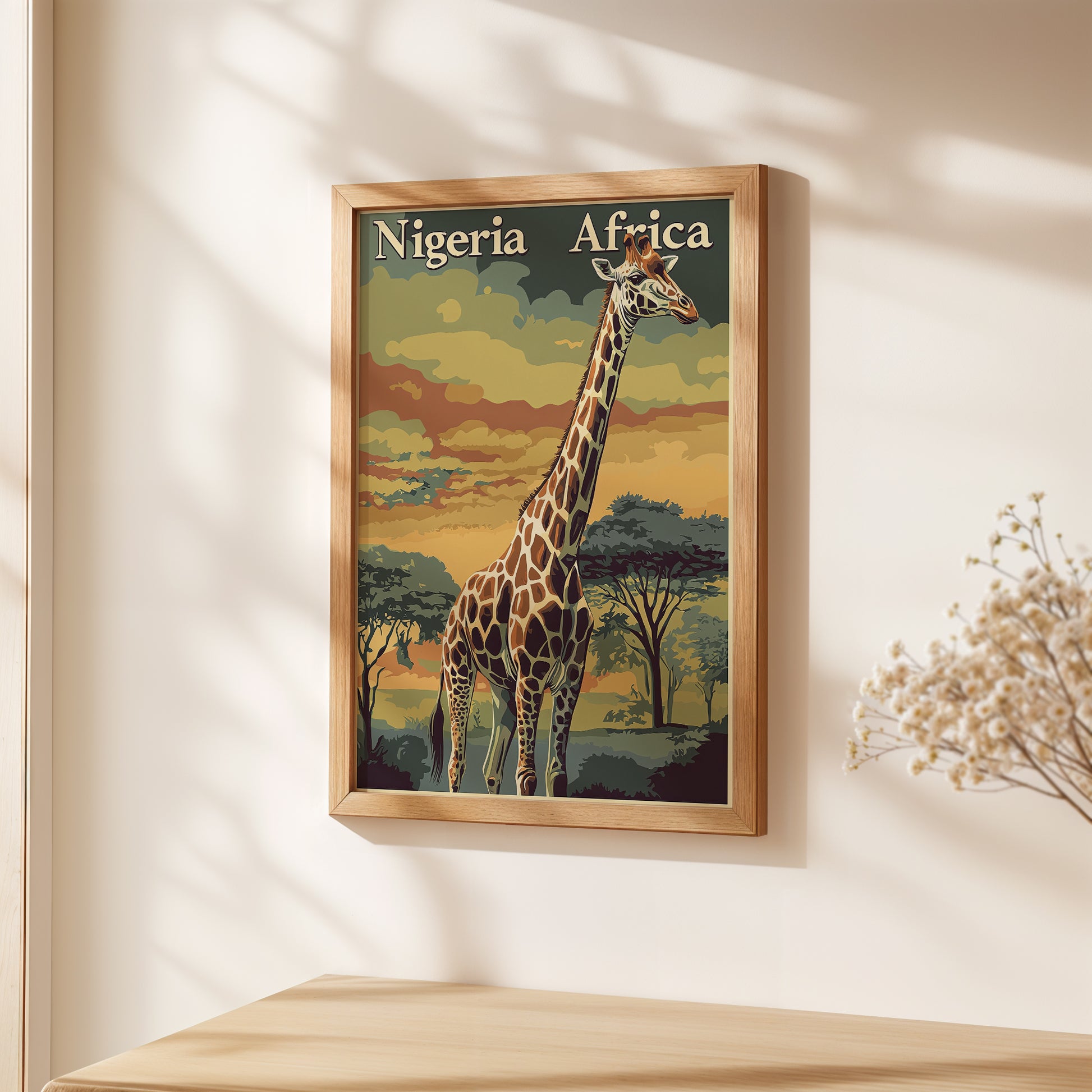 Vintage travel poster featuring a giraffe in Nigeria against a sunset backdrop, showcasing the beauty of Africa.