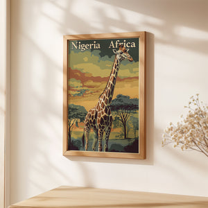 Vintage travel poster featuring a giraffe in Nigeria against a sunset backdrop, showcasing the beauty of Africa.