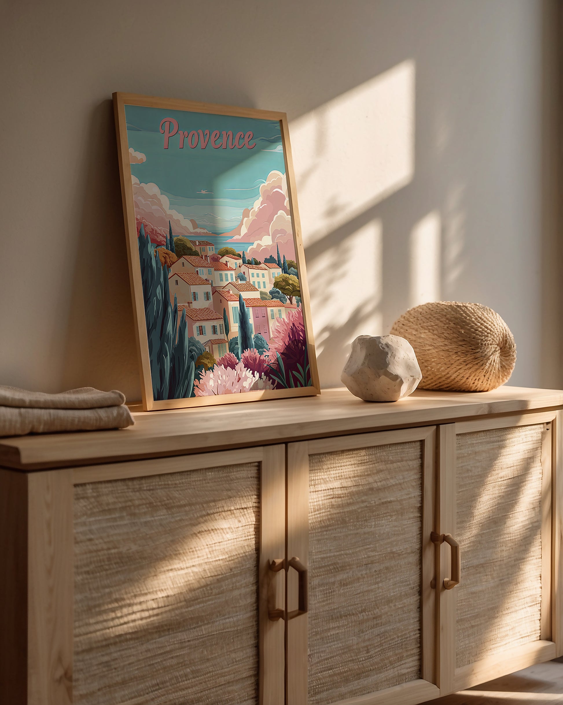 Pastel Provence travel poster depicting French countryside landscape with vintage charm and serene pastel colors.