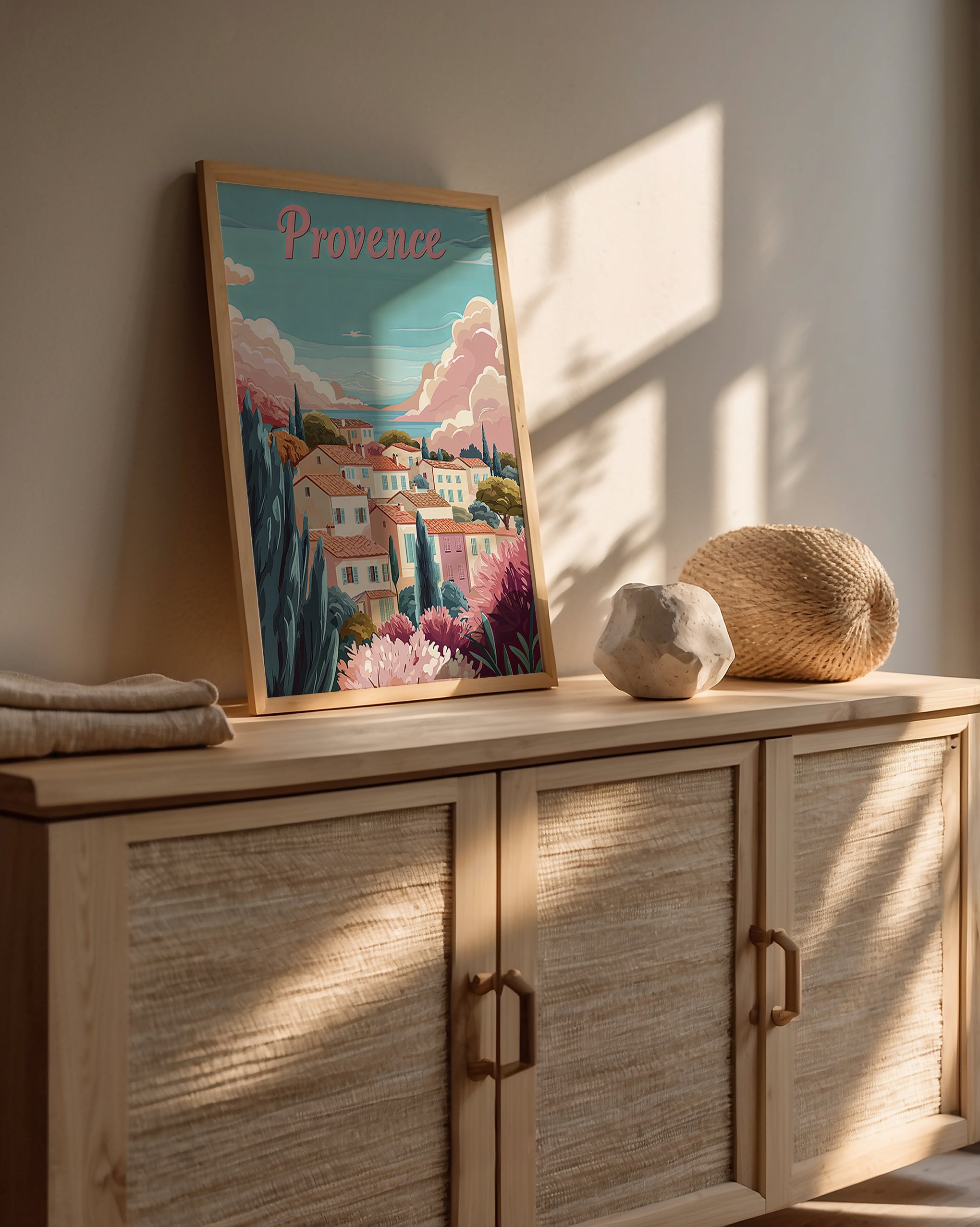 Pastel Provence travel poster depicting French countryside landscape with vintage charm and serene pastel colors.
