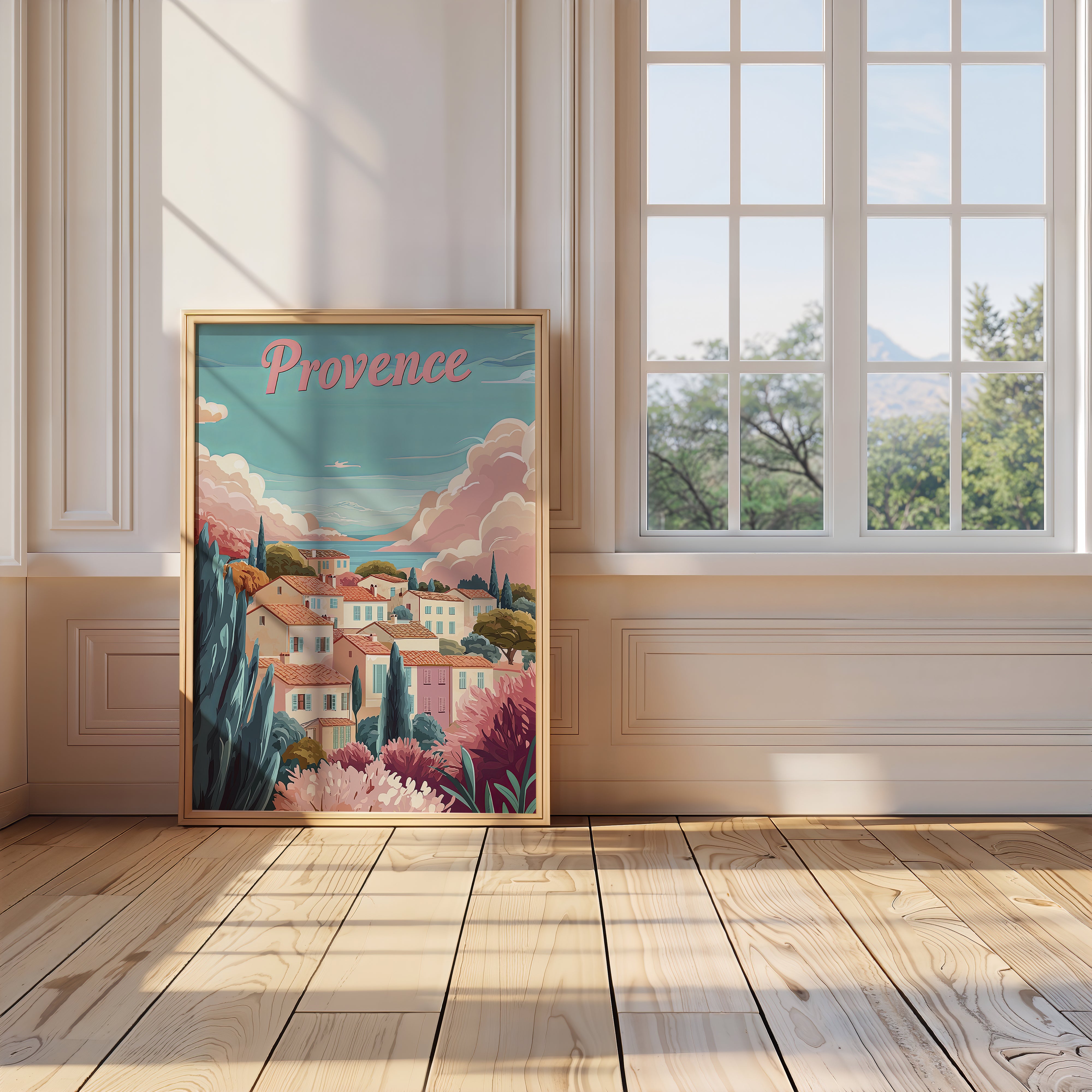Pastel Provence travel poster showcasing a serene French countryside landscape with pastel colors and a sunny atmosphere.