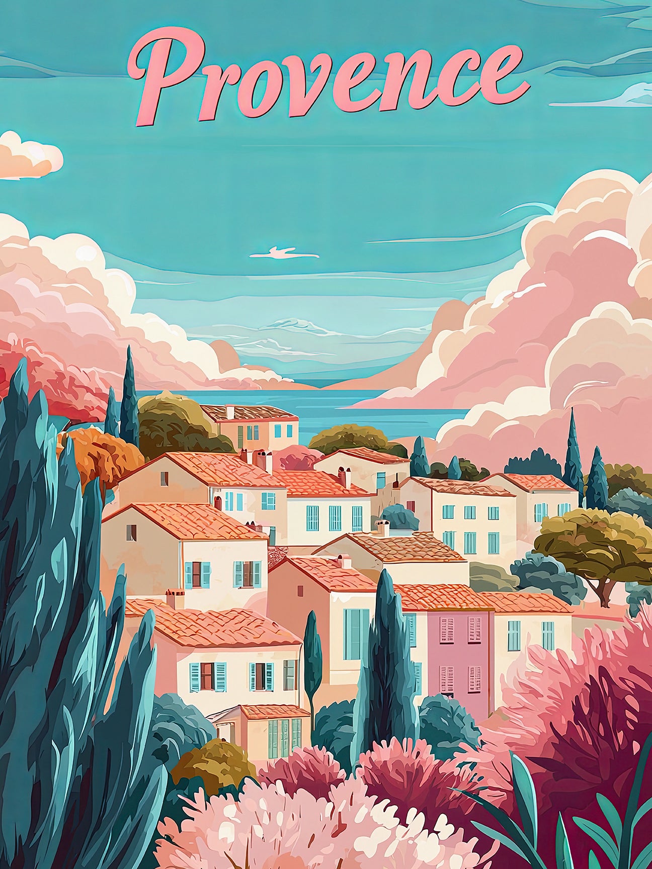 Vintage travel poster of Provence, France, showcasing a colorful countryside landscape with charming village homes.