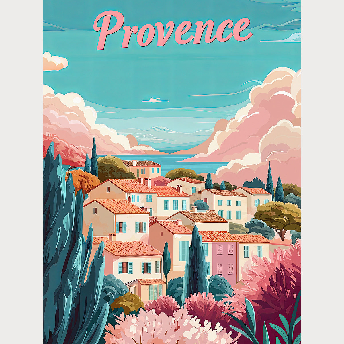 Pastel Provence travel poster showcasing a charming hillside village in the French countryside with vibrant colors.