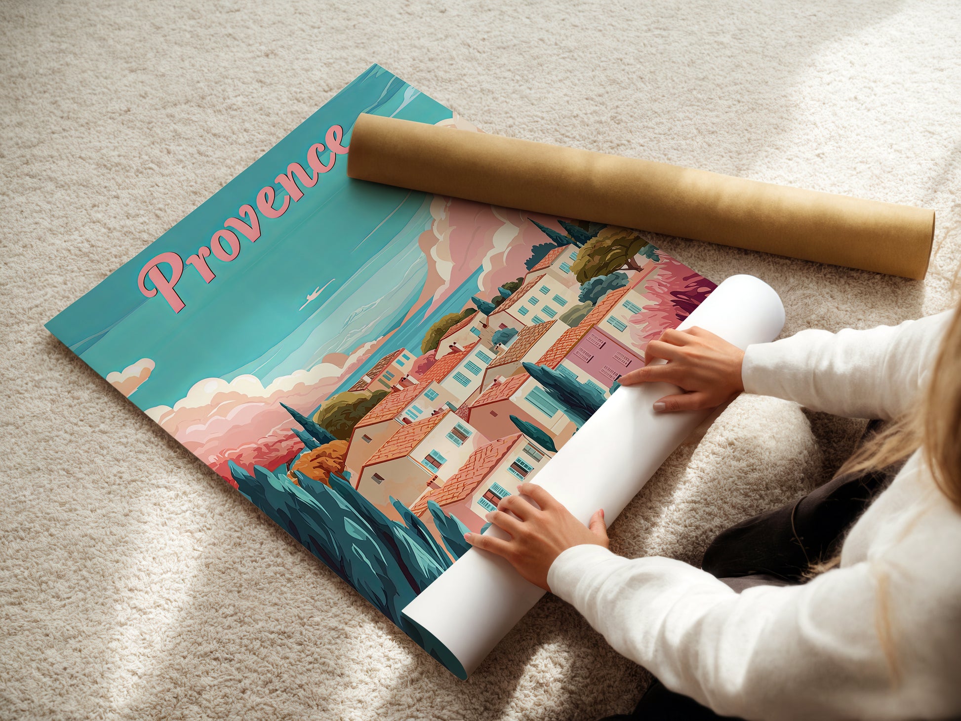 Person preparing a vintage travel poster of Provence, showcasing a serene French countryside landscape.