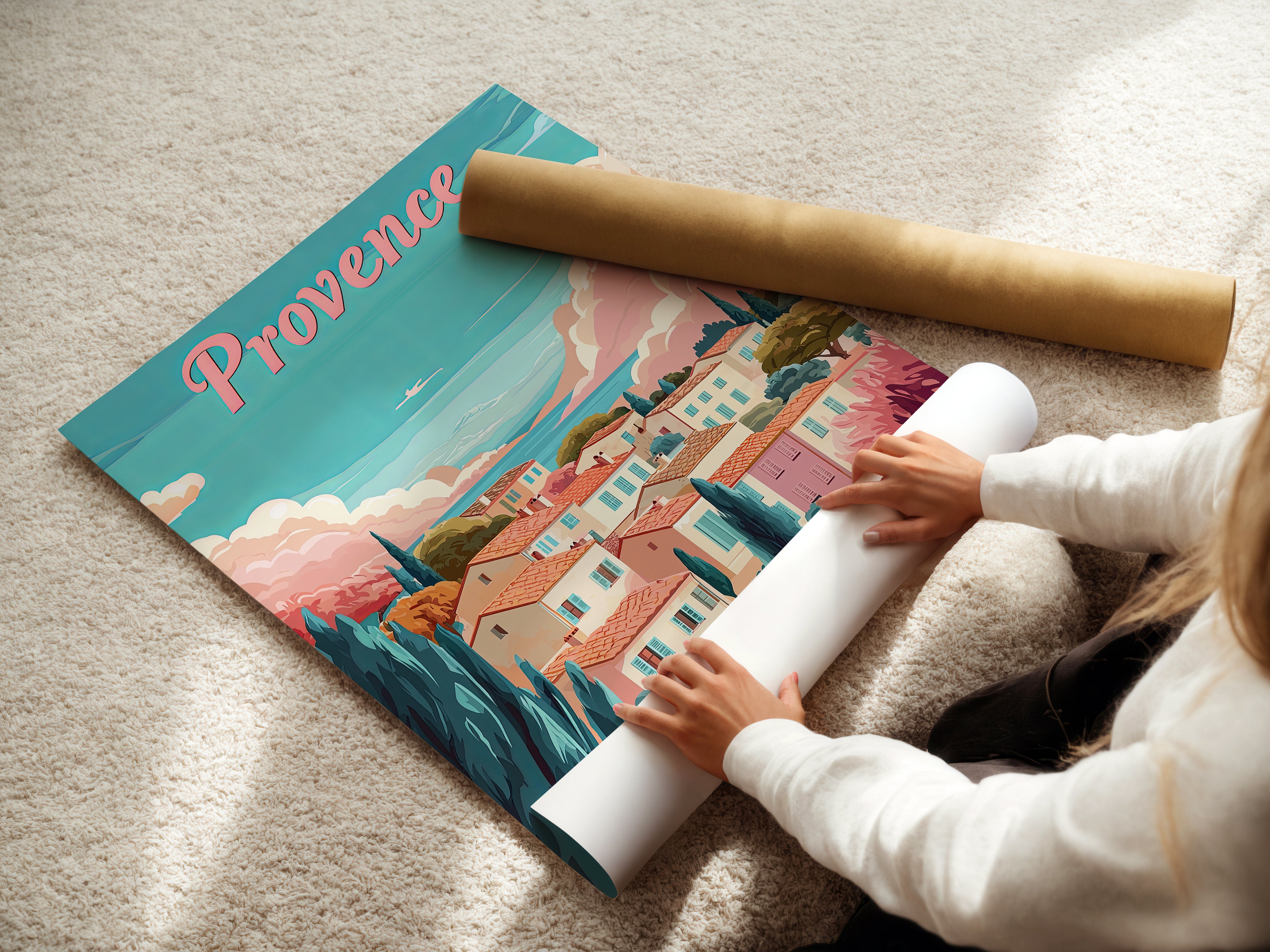 Person preparing a vintage travel poster of Provence, showcasing a serene French countryside landscape.