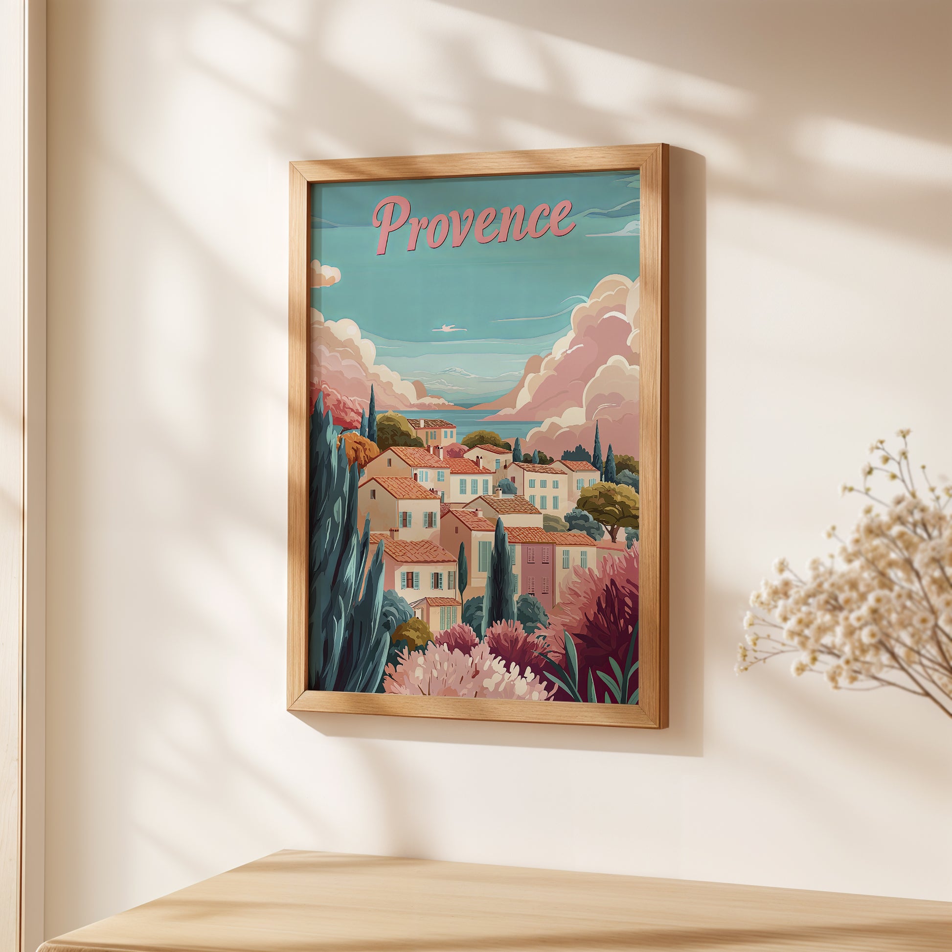 Pastel Provence travel poster featuring a serene French countryside village, vibrant gardens, and colorful skies.