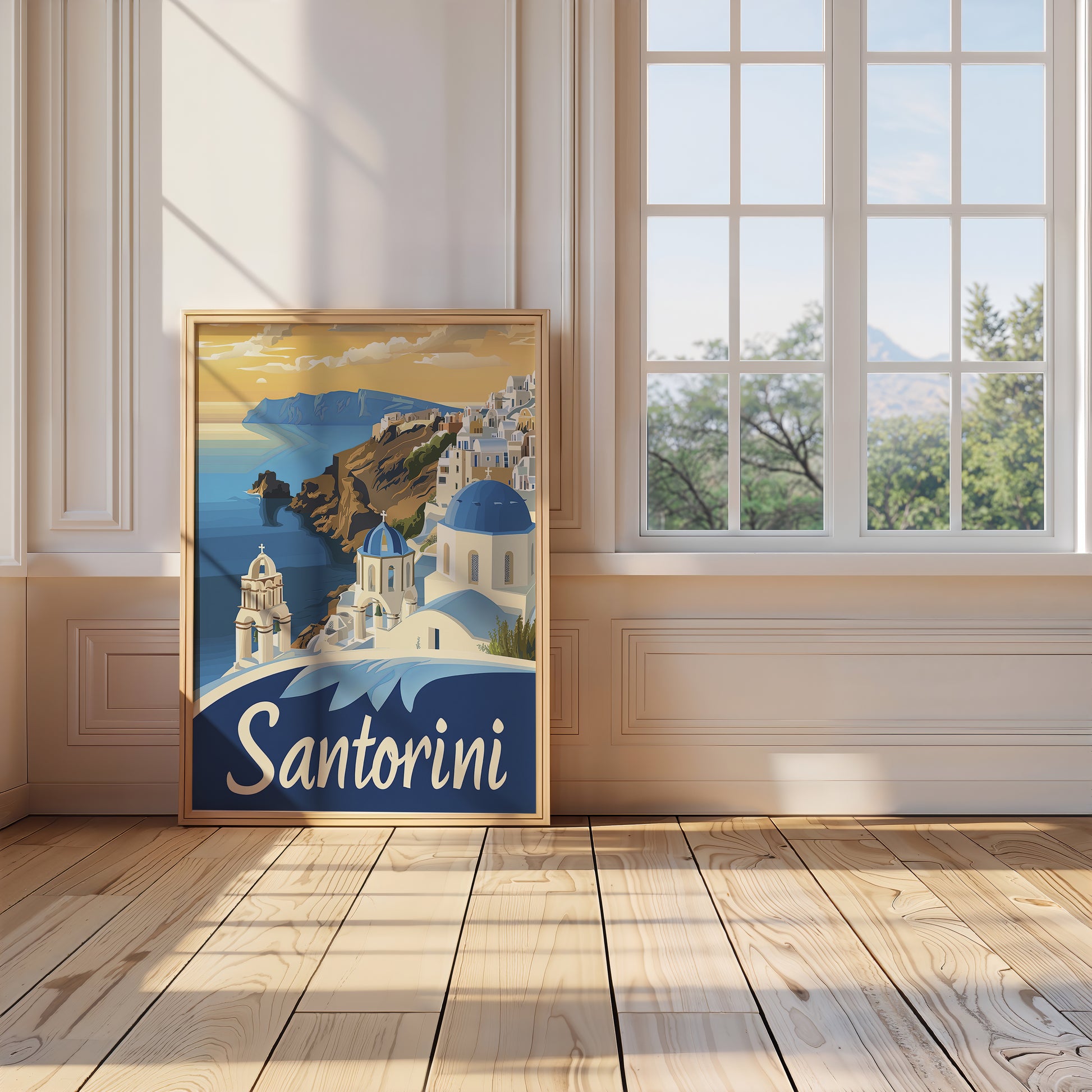 Santorini sunset art print depicting blue-domed churches and a water view, inspired by vintage travel posters.