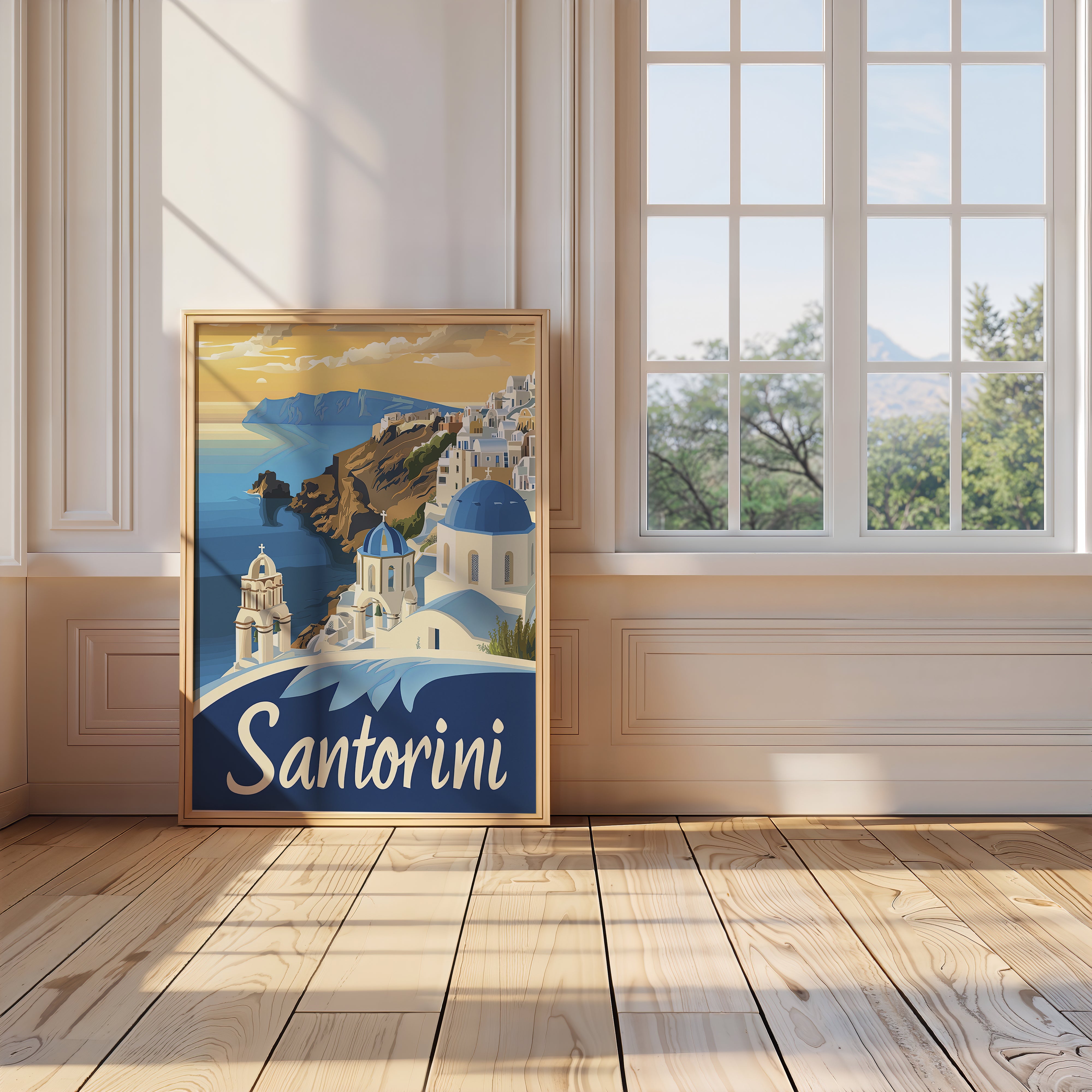 Santorini sunset art print depicting blue-domed churches and a water view, inspired by vintage travel posters.