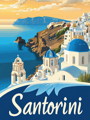 Art print of Santorini, Greece featuring blue-domed churches and a stunning Aegean water view.