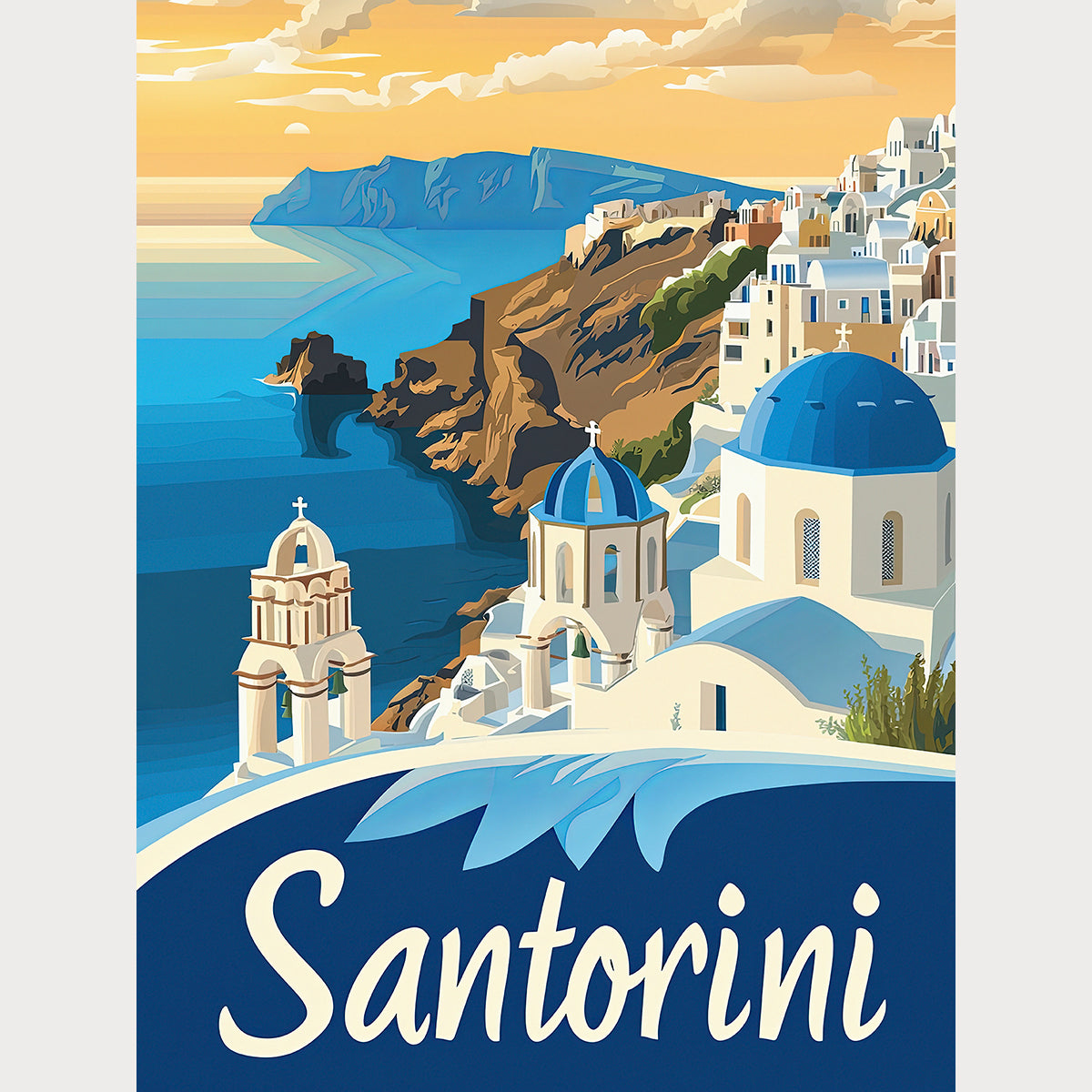 Santorini sunset wall art print featuring blue-domed churches and stunning water views in Greece.