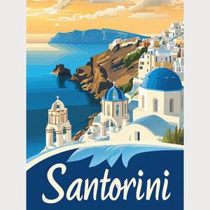 Santorini sunset wall art print featuring blue-domed churches and stunning water views in Greece.