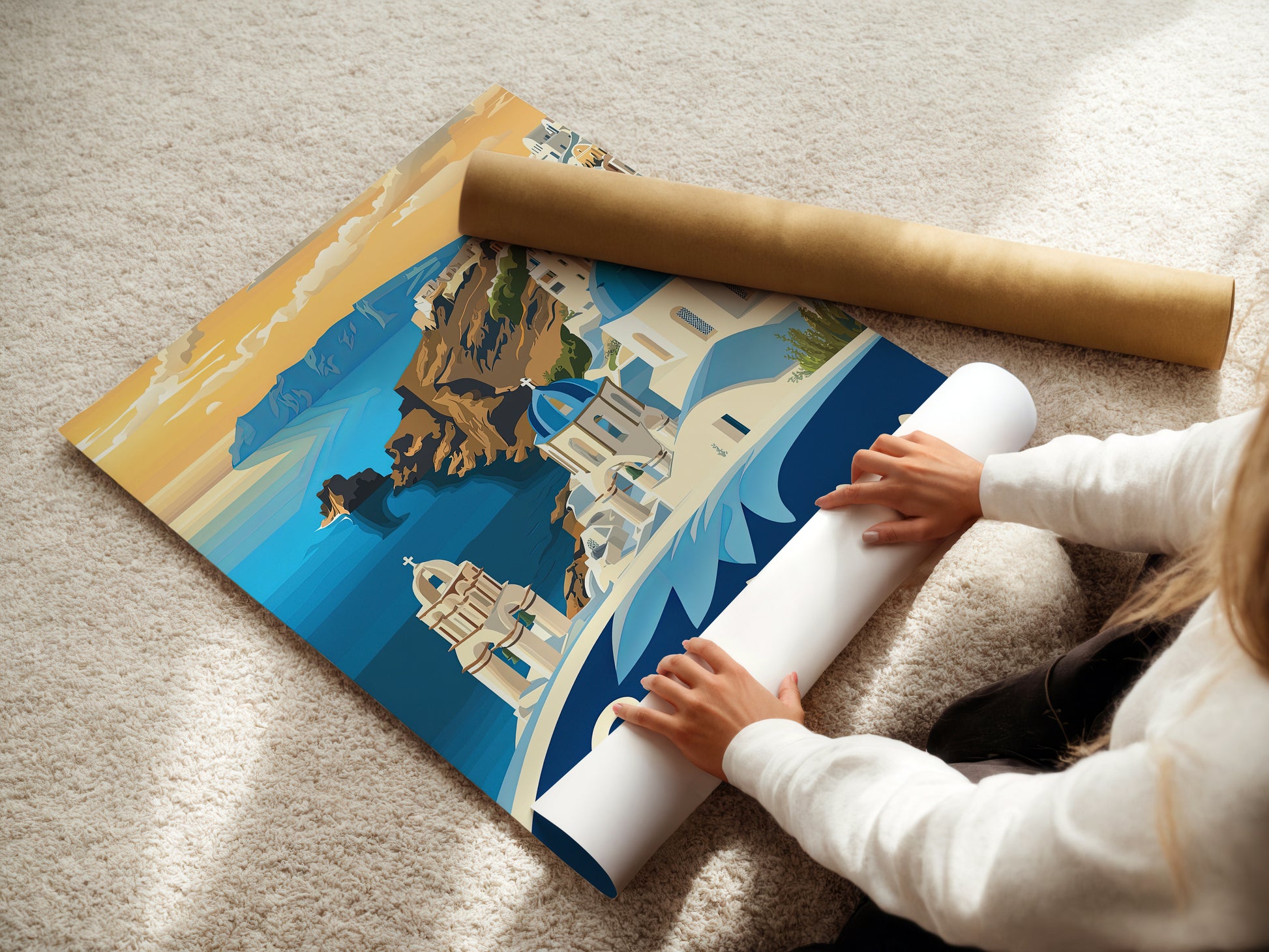 Person unrolling the Santorini sunset wall art print featuring blue-domed churches and Aegean Sea view.